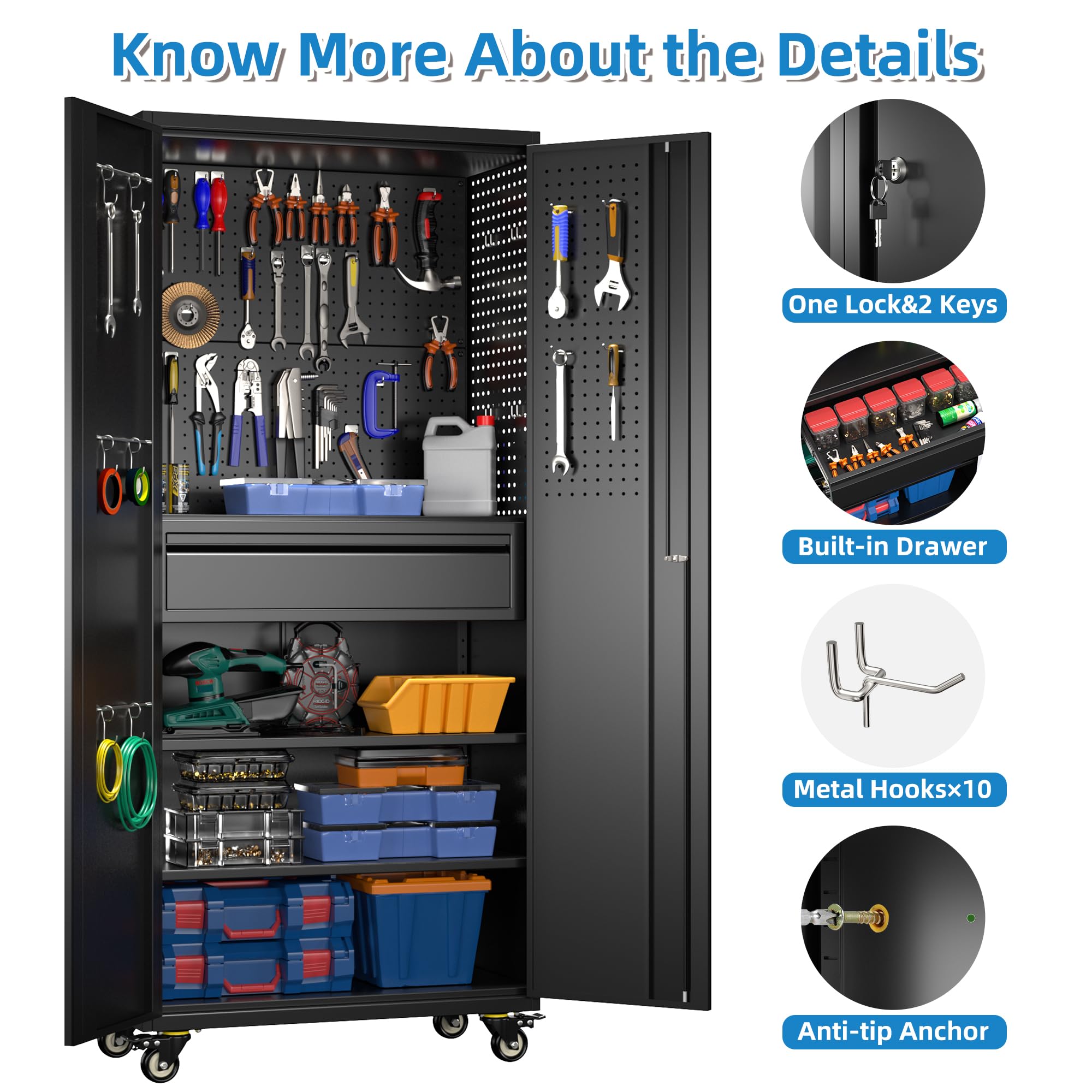 Heavy-Duty Metal Storage Cabinet with Wheels - Steel Utility Cabinet with 1 Drawer & 2 Adjustable Shelves for Home, Office, Kitchen, School & Pantry Organization | Perfect for Garage Storage, Classroom Supplies & Kitchenware Organization