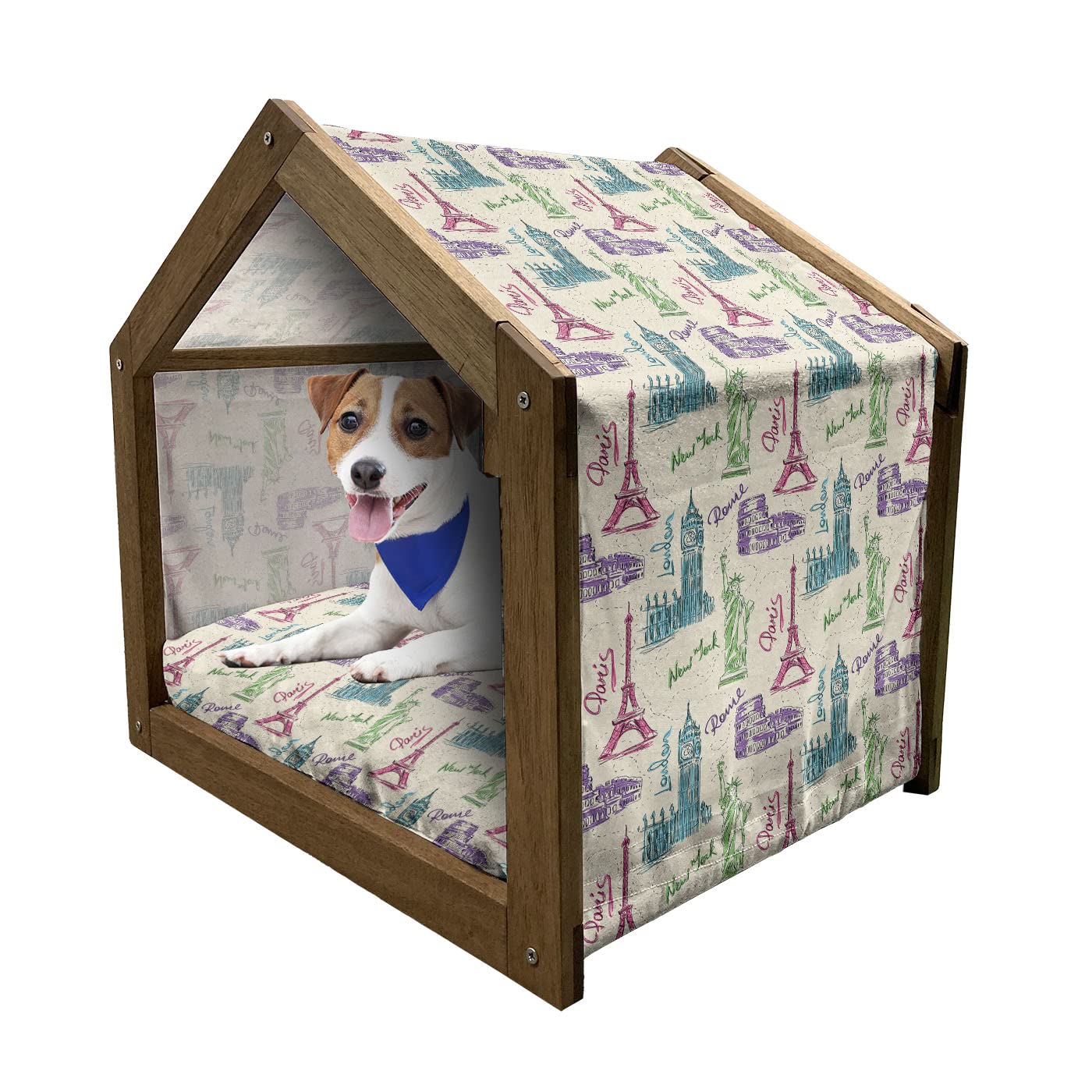 Ambesonne Wooden Pet House for Small Dogs - Portable Indoor & Outdoor Dog Kennel with Pillow & Cover, Big Ben Eiffel Tower Liberty Sketch Design - Perfect for Home, Garden, Travel & Camping Use