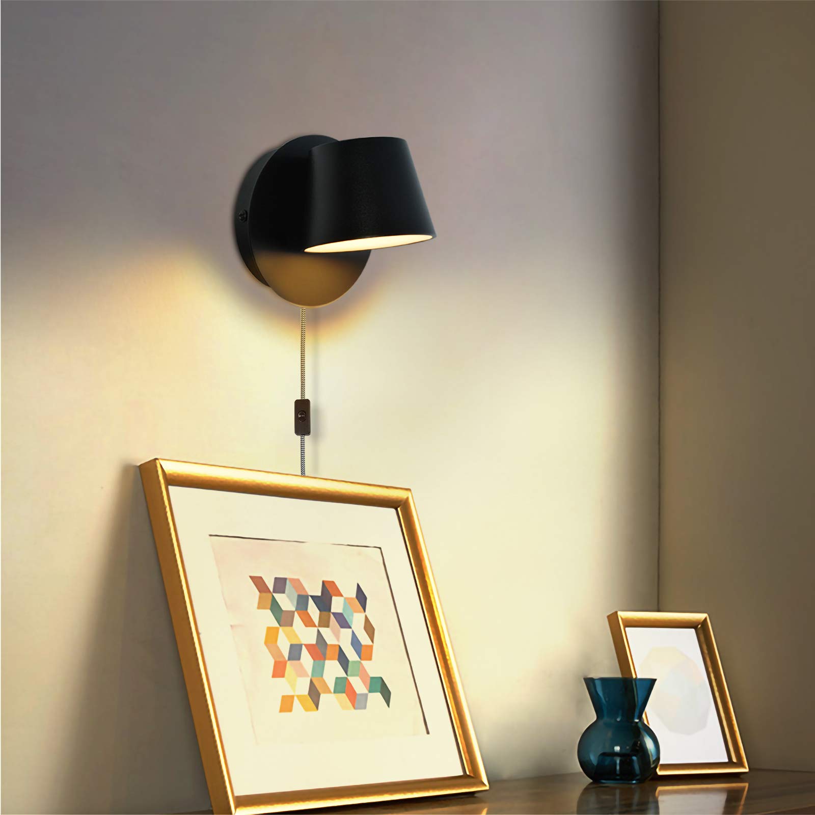 Rotatable Plug-in LED Wall Lamp with Switch - Black Sconce for Bedroom & Living Room | Reading & Ambient Lighting