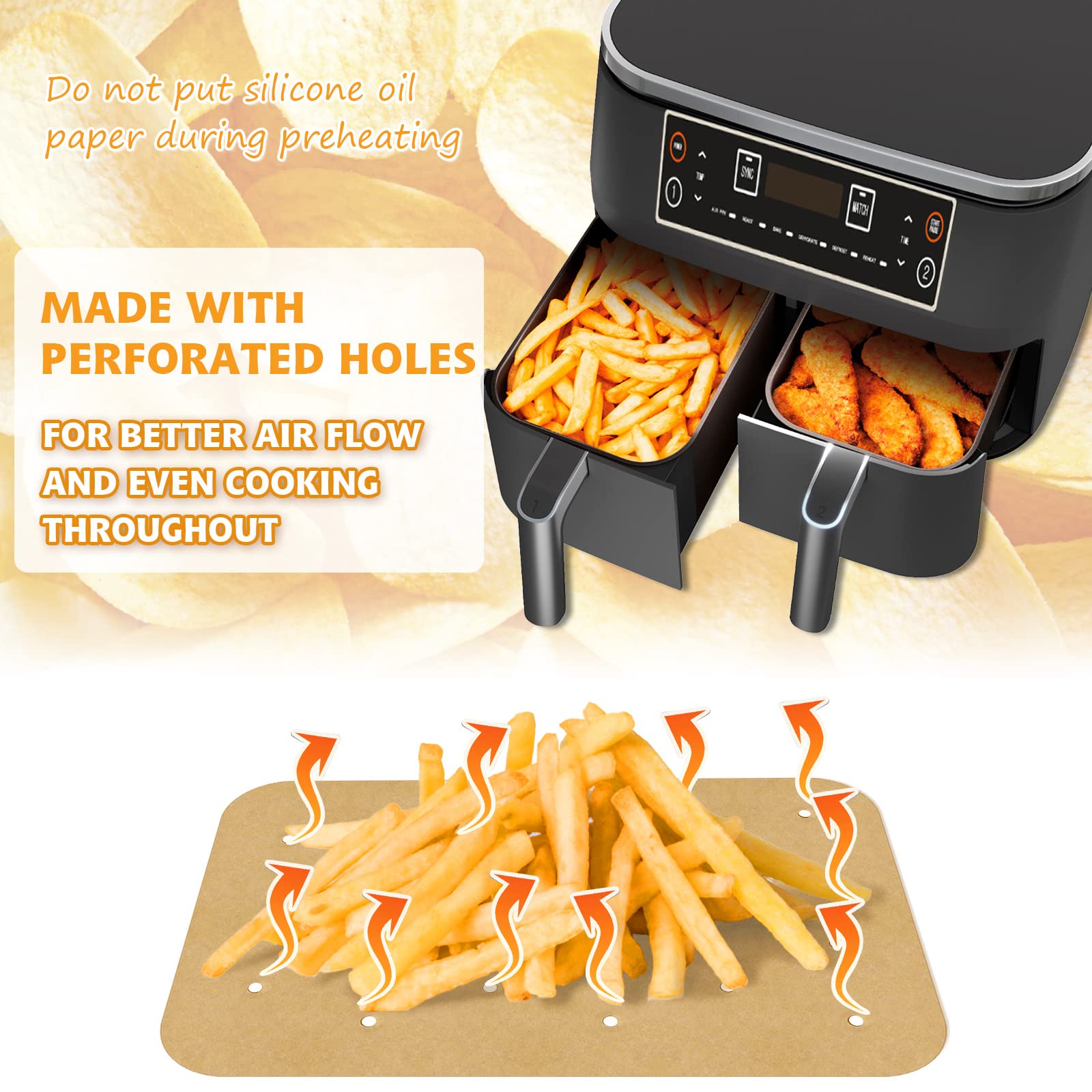 200 Sheets Disposable Air Fryer Parchment Paper Liners - Compatible with Ninja Foodi & 8 Quart 6-in-1 Dual Basket - Non-Stick Rectangle Perforated Baking Sheets for Healthier Cooking | Perfect for Roasting, Baking, and Air Frying Chicken Wings, Vegetables & More