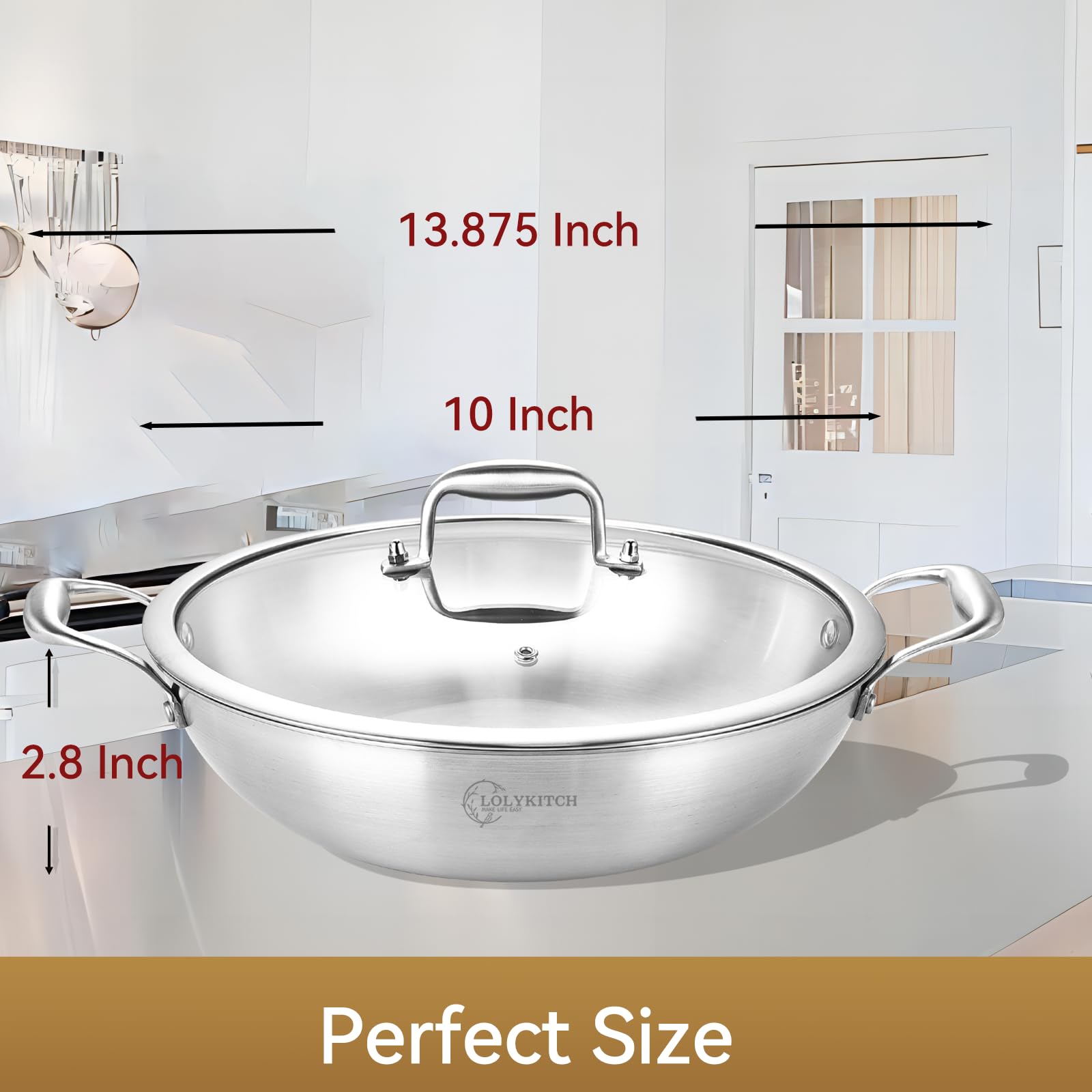 10 Inch Tri-Ply Stainless Steel Wok Pan with Lid - 2.8 Quart Deep Frying Pan for Induction Cooktop - Dishwasher & Oven Safe - Perfect for Stir-Frying, Deep Frying & Asian Cooking