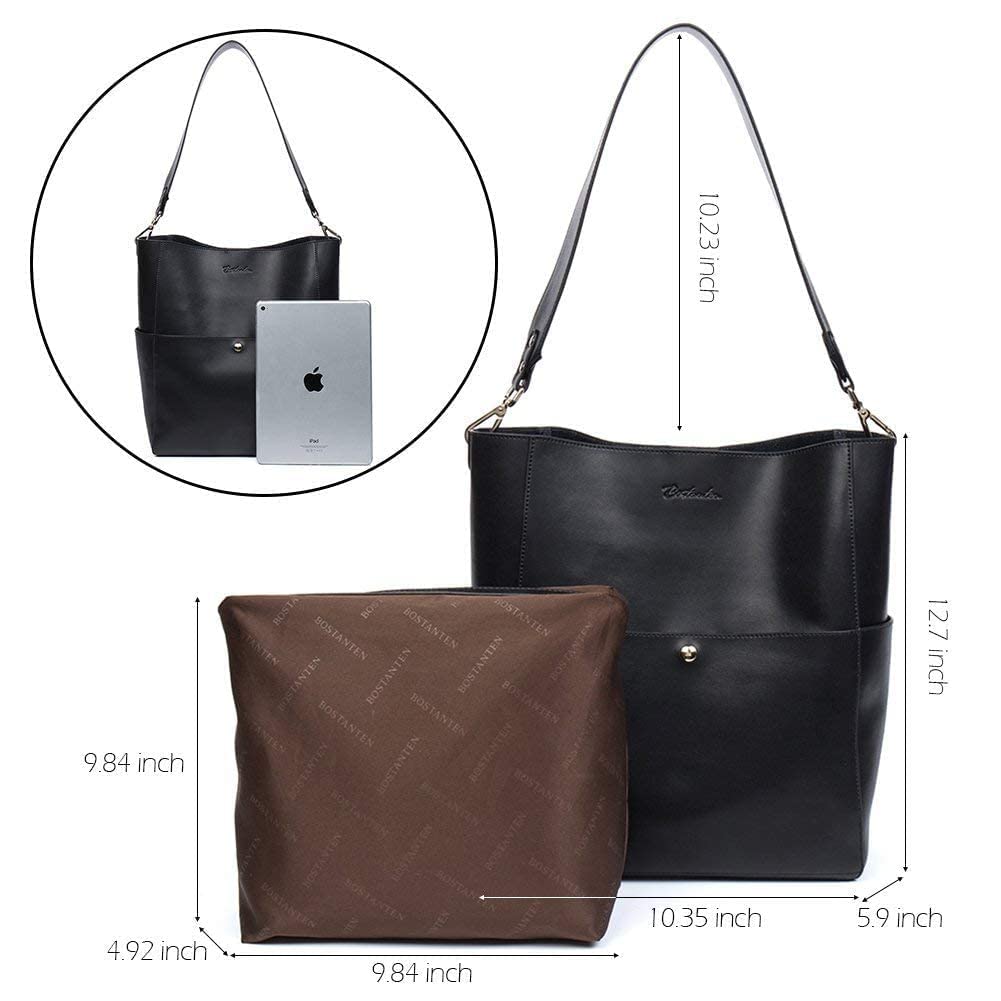 BOSTANTEN Women's Leather Designer Handbag - Stylish Tote Shoulder Bucket Bag with RFID Blocking Wallet Set (Black Bag & Grey Bifold Wallet) - Perfect for Work, Travel and Everyday Use