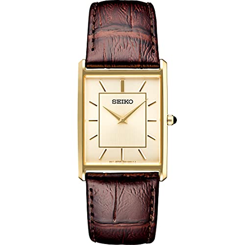 SEIKO Men's Essentials Watch - Water Resistant Stainless Steel Rectangular Case & Genuine Leather Strap - Perfect for Business, Casual Wear & Everyday Use