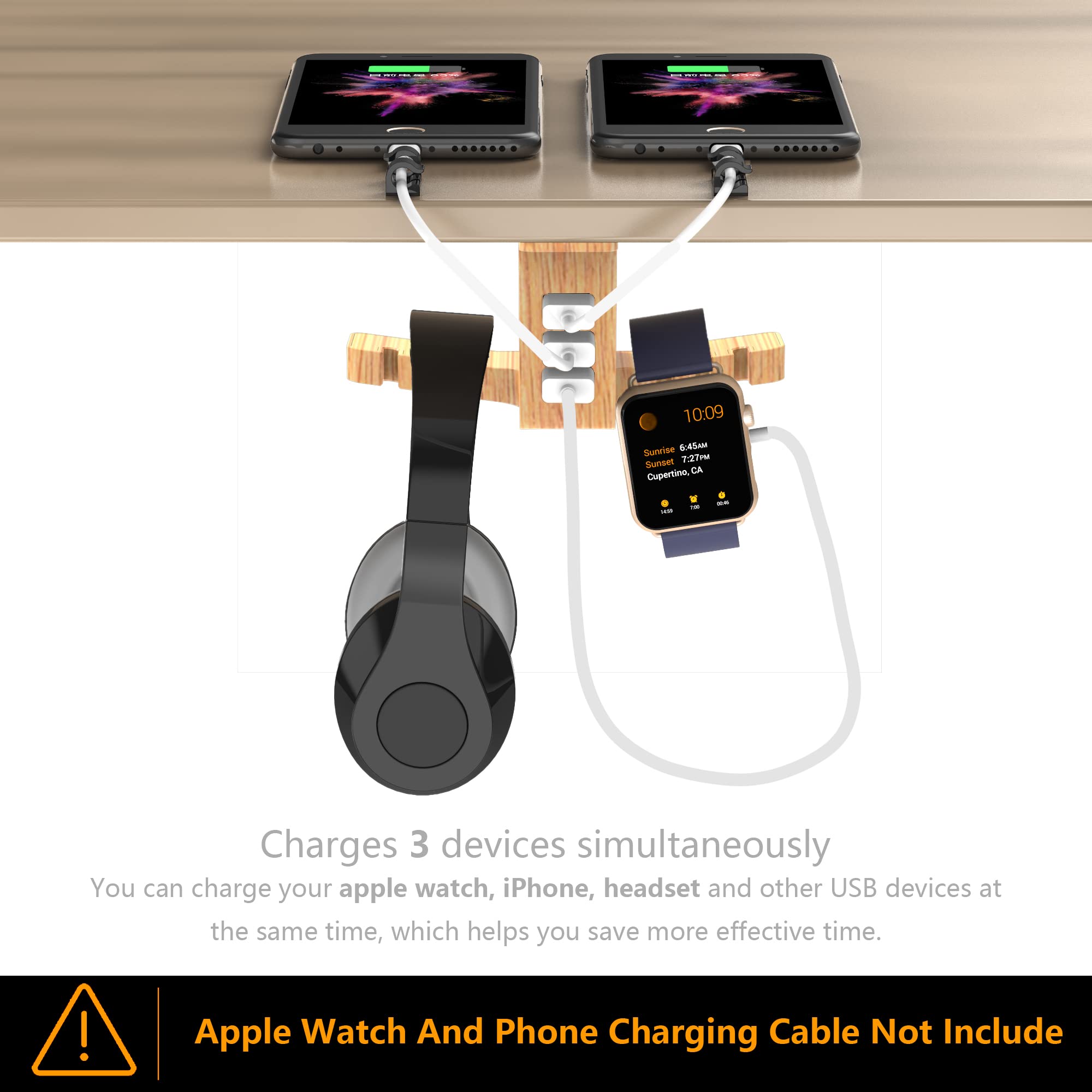 Cozoo Wooden Headphone Stand with 3-Port USB Charger & Smart Watch Dock - Under Desk Mount for Wireless Headphones, iWatch, and Dual Earphone Hanger - Perfect for Home Office, Gaming Setup & Workspace Organization (UL Certified)