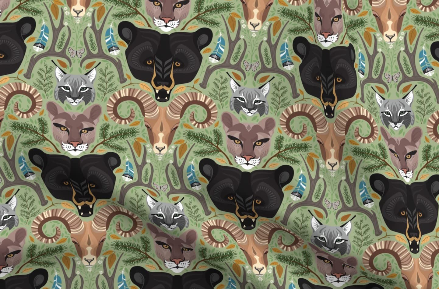 Woodland Wild Animals Printed Velvet Fabric by The Yard - Bear Nature Feather Design for Upholstery, Home Decor & Apparel | Perfect for Nursery, DIY Projects & Fashion Sewing