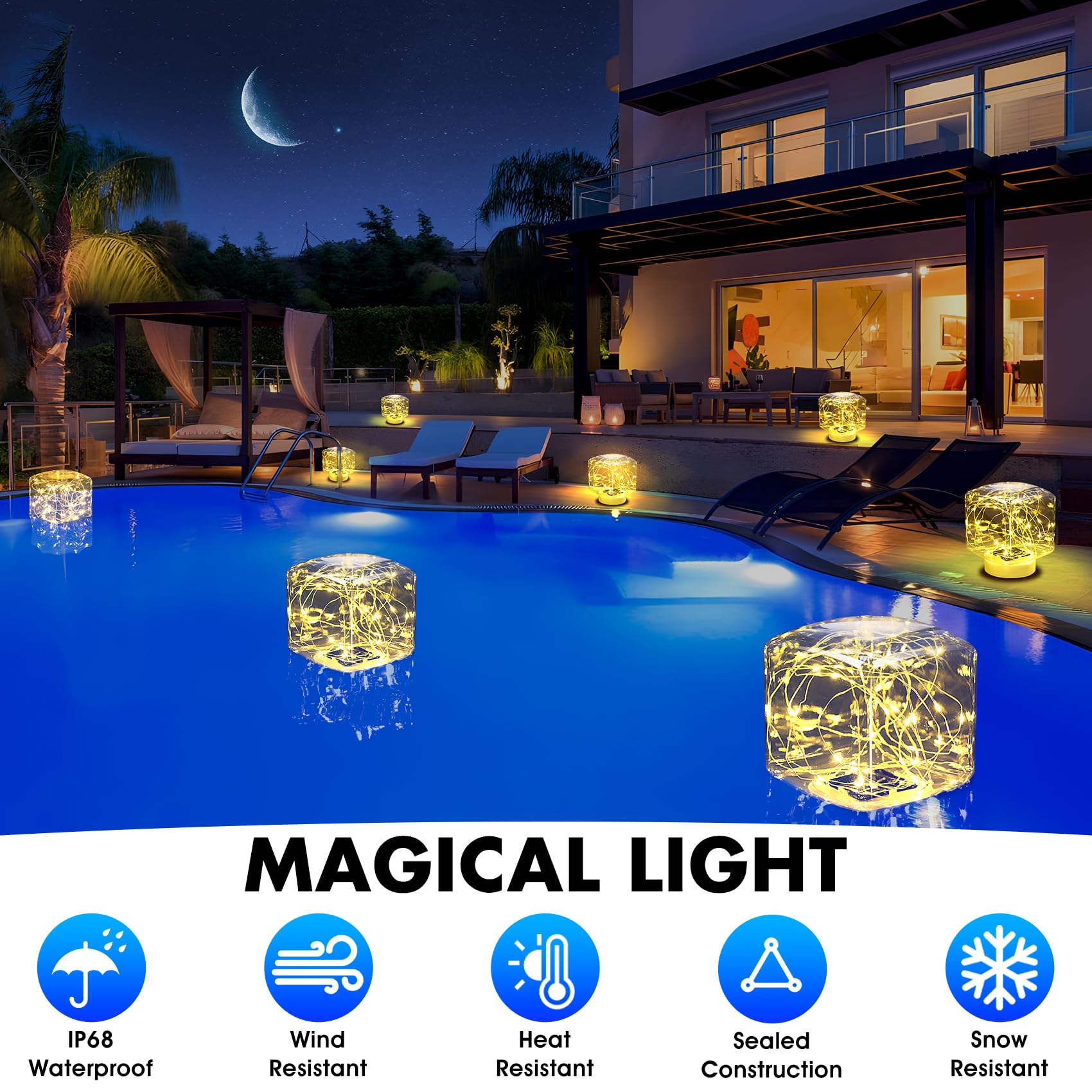 2024 Solar Pool Lights - 2 Pack Warm White Floating LED Lights, IP68 Waterproof 7