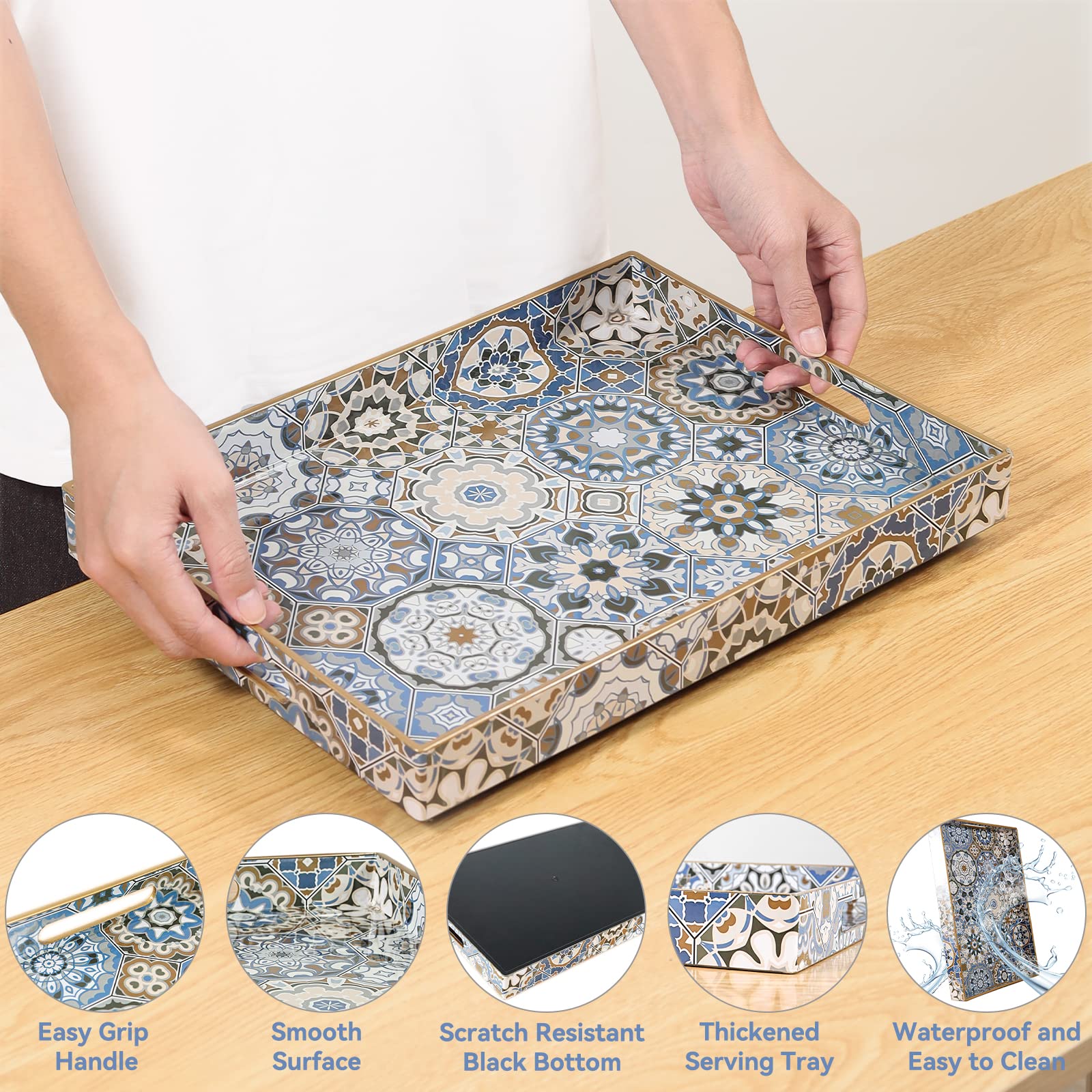 2 Pack Large Boho Serving Trays with Handles - Decorative Ottoman Tray for Coffee Table, Living Room, Bedroom | Blue Bohemian Style Tray for Entertaining, Breakfast in Bed, Spa Day & Home Decor