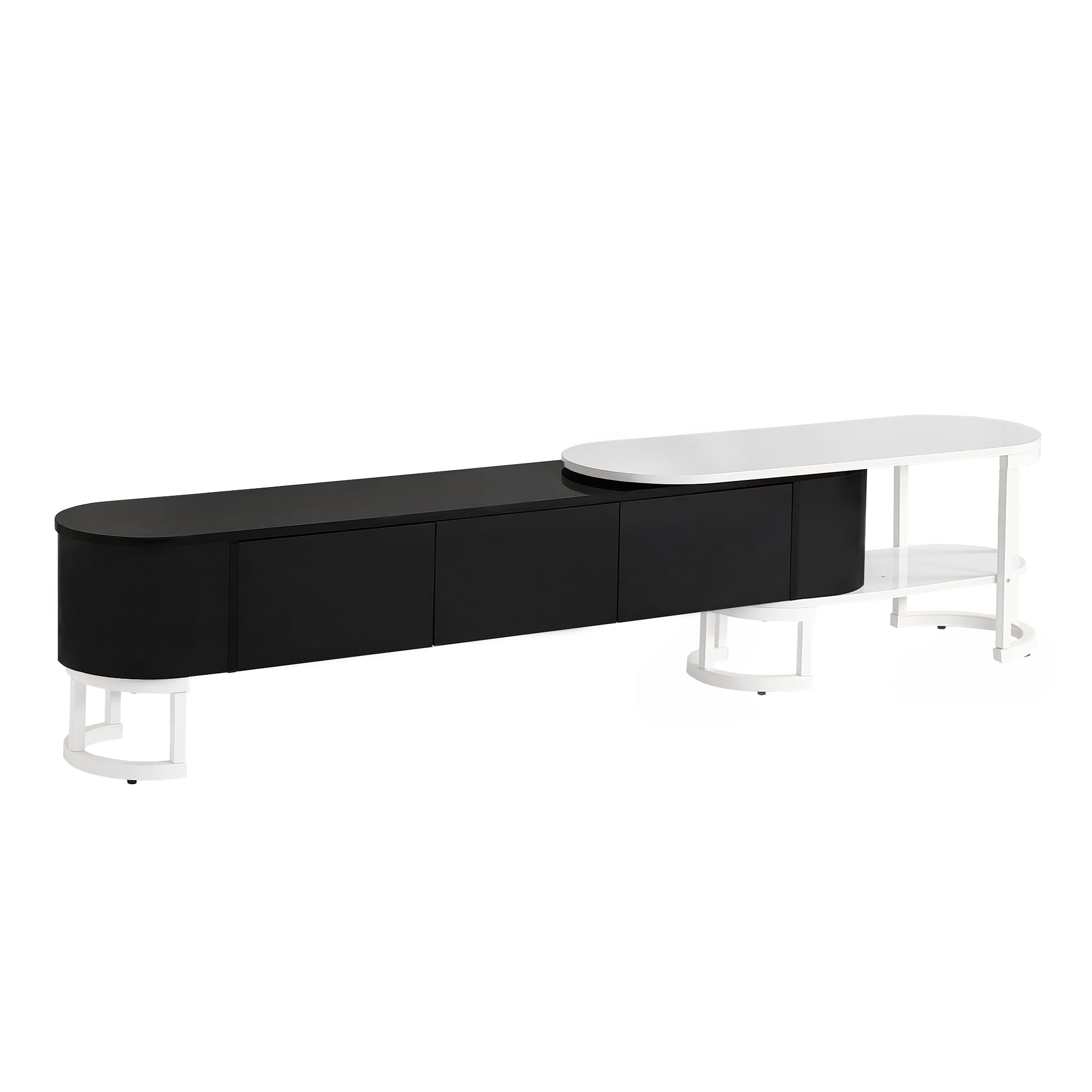 Modern Extendable TV Stand for 55-75 Inch TVs - Black Entertainment Center with 3 Storage Drawers & Adjustable Metal Legs (67.7-76.4
