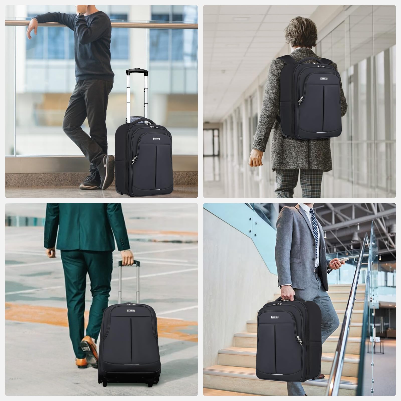 18 Inch Waterproof Rolling Backpack with Wheels for Adults - Large Black Wheeled Carry-on Luggage for Travel, Work & School - Trolley Laptop Backpack for Men & Women (Ideal for Airports, Commuting & Business Trips)