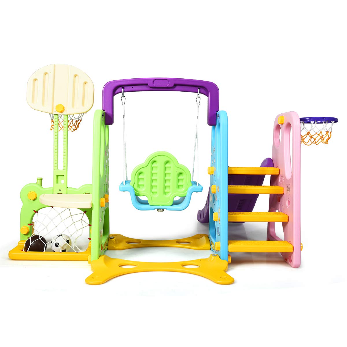 HONEY JOY 4-in-1 Toddler Swing and Slide Playset with Basketball Hoop - Extra Long Slide with Safety Buffer - Easy Assembly Indoor/Outdoor Climber for Kids Ages 2-5 - Perfect for Backyard, Playroom & Preschool Playground Activities