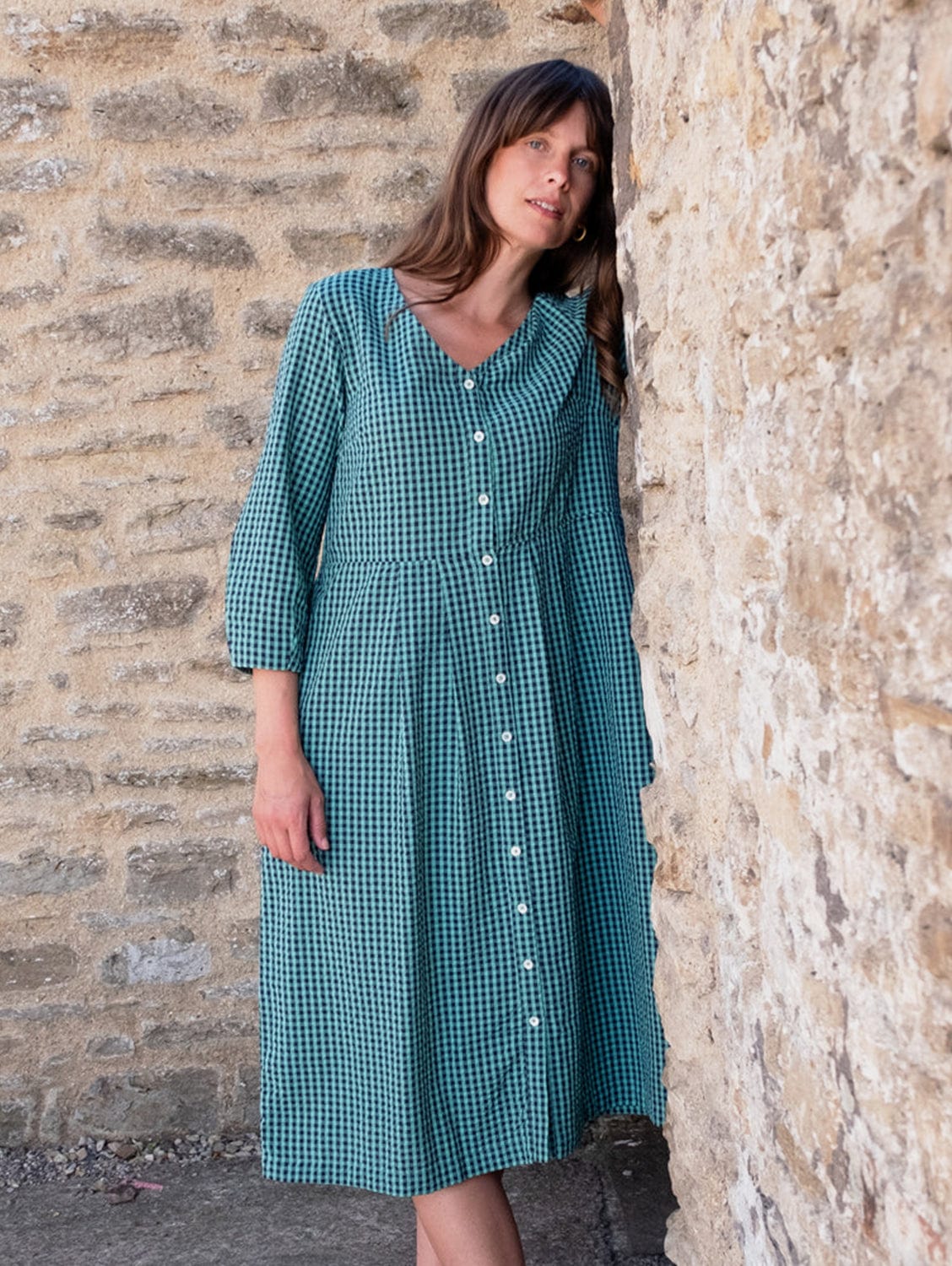 Jane Women's Cotton Midi Dress - Duck Egg Gingham Checkered Summer Dress for Casual Wear, Picnic & Beach Outings