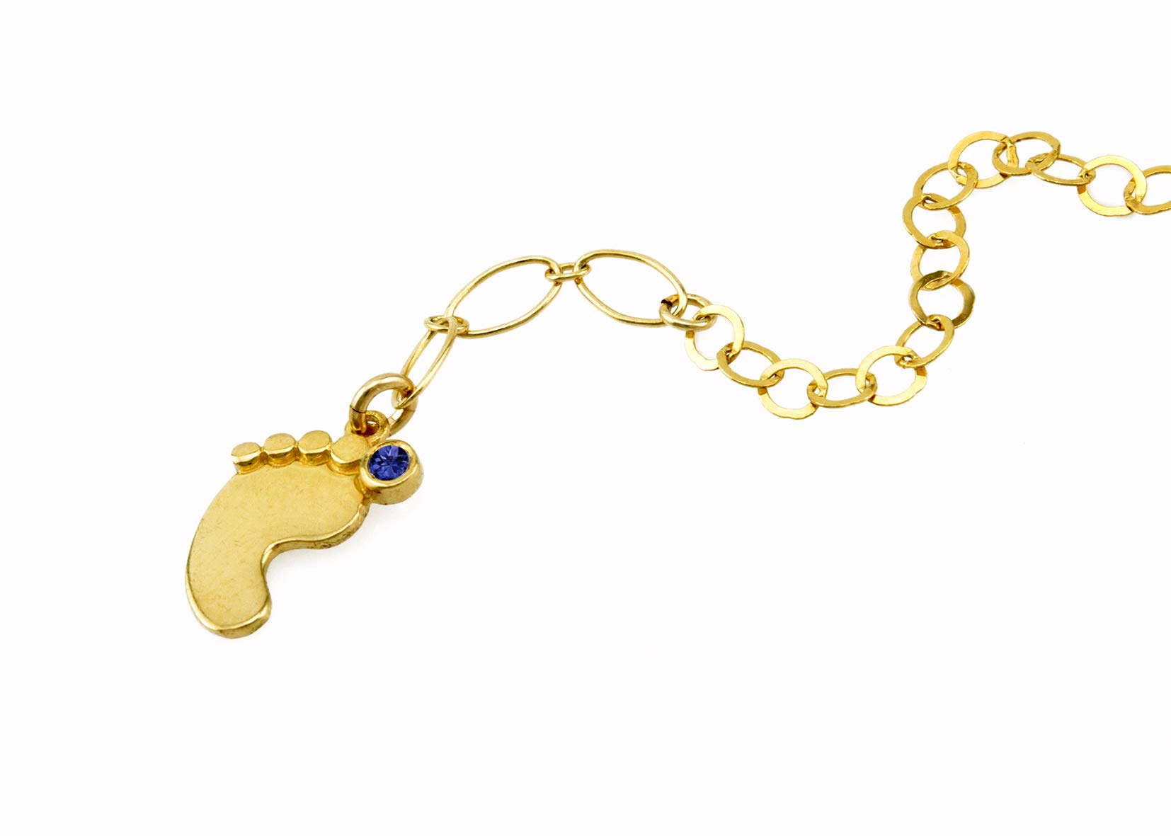 22K Gold Plated Sterling Silver Dangle Baby Foot Charm Bracelet with Blue Sapphire CZ Stone - Elegant Jewelry Gift for New Moms, Baby Shower, Christmas & Special Occasions - Perfect for Mother's Day, Birthdays & Anniversaries