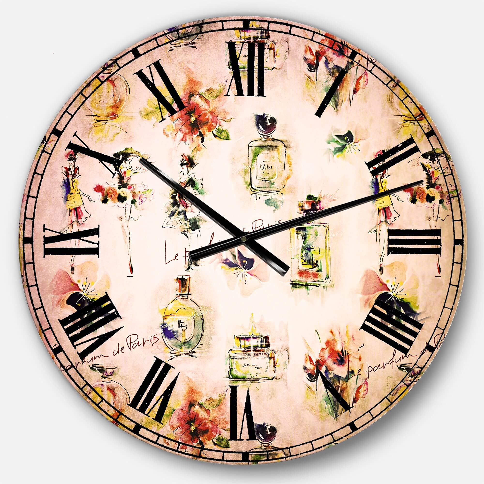 Designart 'Perfume Bottles and Flowers' Abstract Large Wall Clock - 23x23 Inches - Modern Home Decor for Living Room, Bedroom & Office
