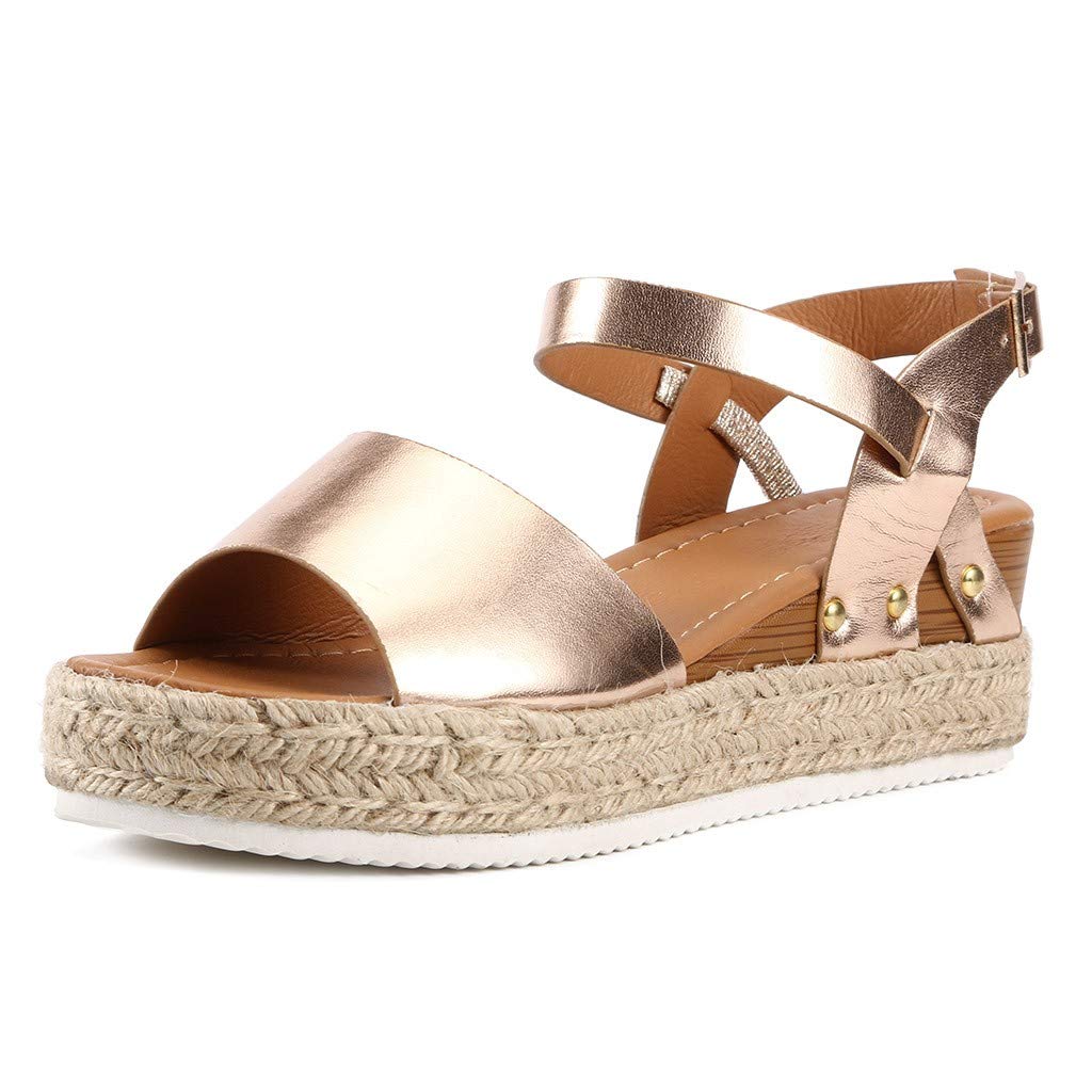Women's Wide Width Wedge Sandals with Ankle Buckle - 2020 Fashion Summer Beach Sandals, Open Toe Espadrille Platform Shoes for Casual Wear, Vacation & Outdoor Activities