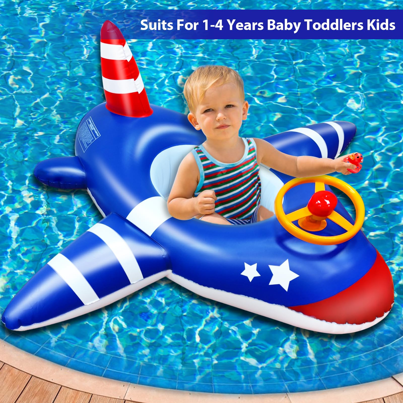 AMENON Toddler Pool Float with Safety Seat & Backrest - Large American Flag Airplane Design for Kids Age 1-4 | Summer Swimming, Beach & Pool Toys | Perfect for Water Play, Backyard Pools & Family Vacations