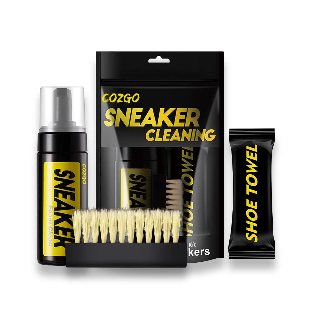 COZGO Shoe Cleaner Kit for Sneakers - Water-Free Foam Sneaker Cleaner (5.3Oz) with Shoe Brush & Microfiber Cloth - Works on Most Shoes - Perfect for Sneakerheads, Athletes & Daily Shoe Care
