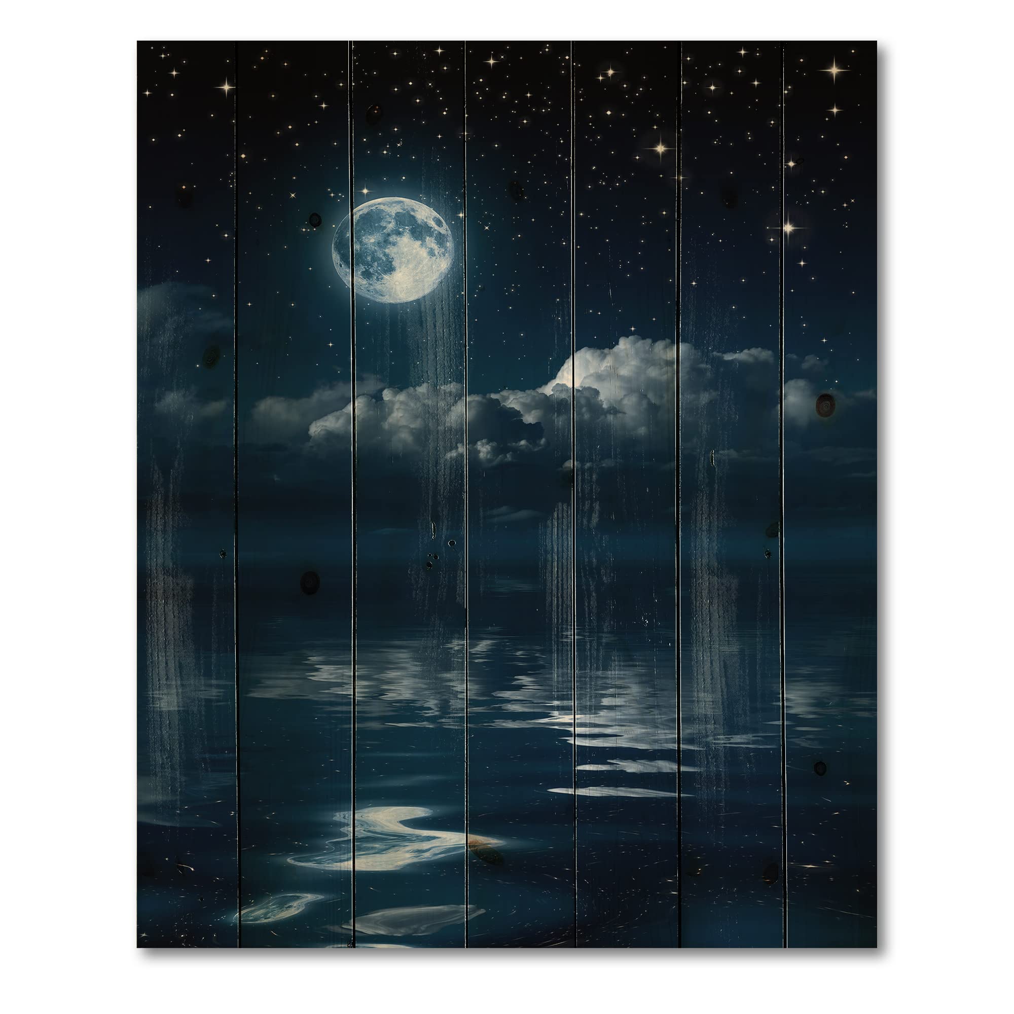 Full Moon Coastal Wood Wall Art - Blue Landscape Panel for Home Decor