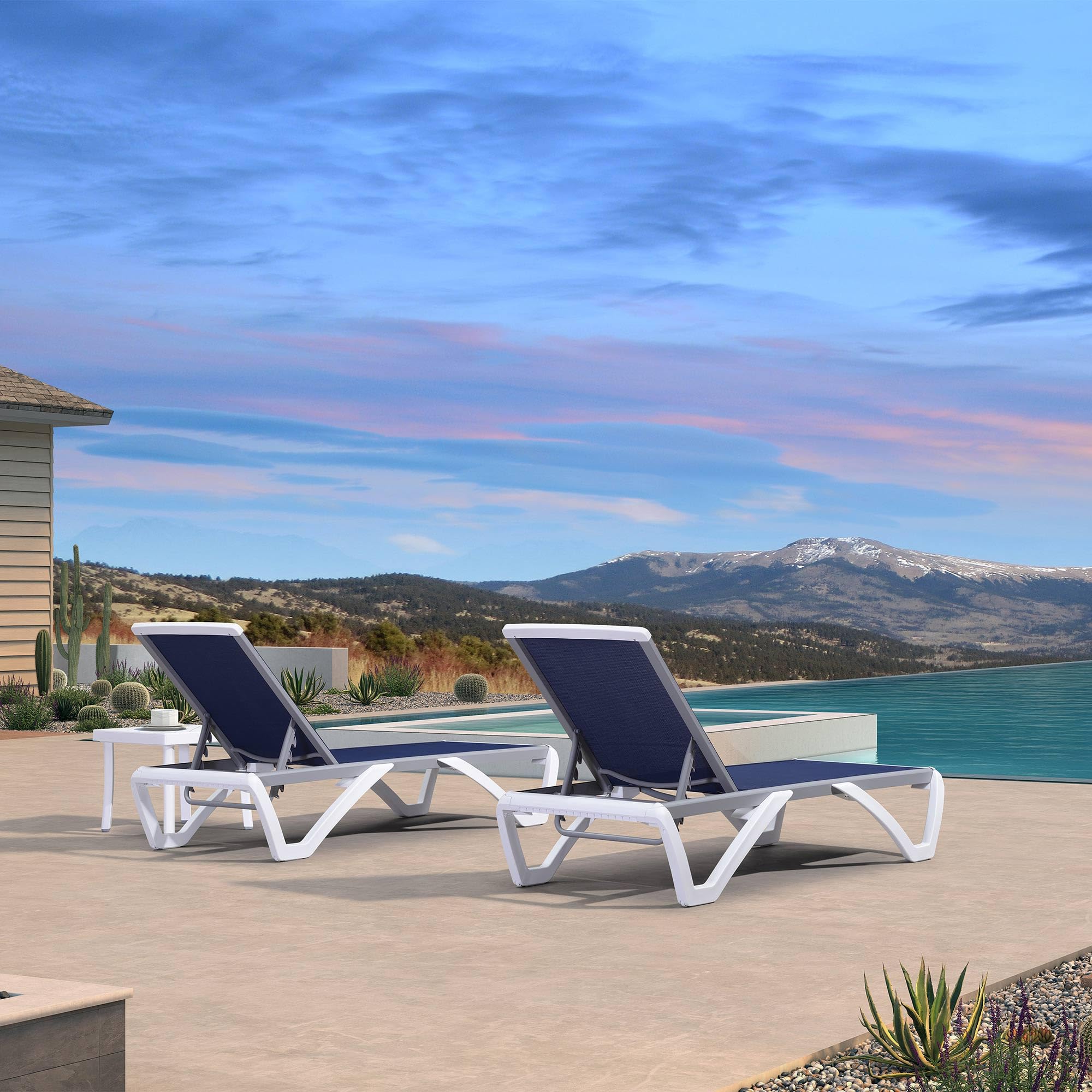 PURPLE LEAF 3-Piece Patio Chaise Lounge Chair Set - Aluminum & Plastic Stackable Sun Loungers for Pool, Beach, Deck - Dark Blue Outdoor Tanning Chairs for Relaxing & Sunbathing