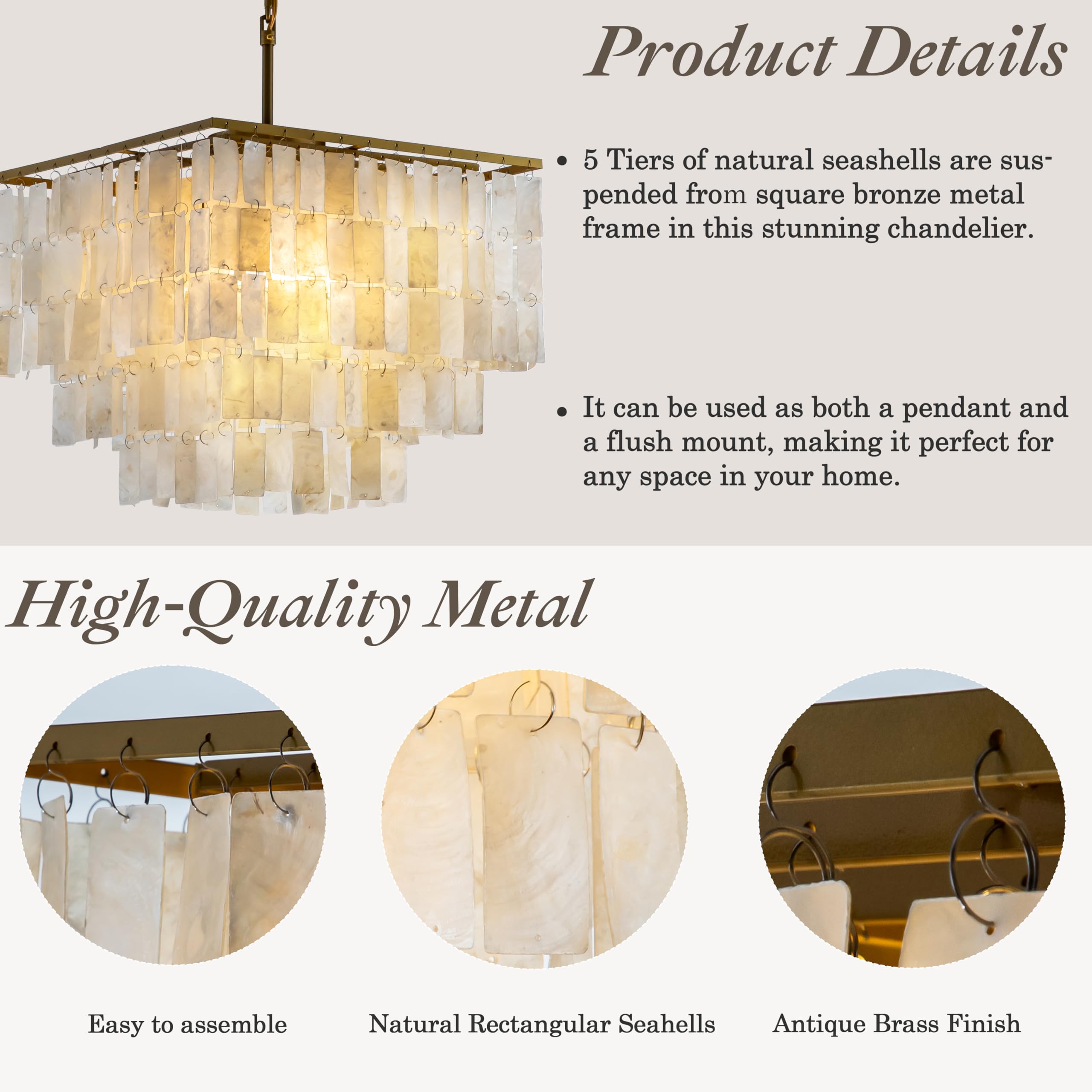 3-Light Square Antique Brass Chandelier with Rectangle Capiz Natural Seashells - Modern Farmhouse Ceiling Light Fixture - 15.7 Inch Wide - Perfect for Living Room, Dining Room, Bedroom, Foyer & Entryway Lighting