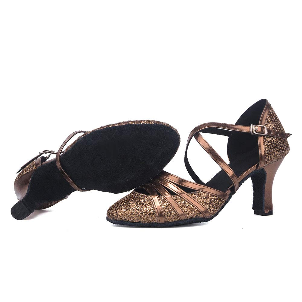 Women's Glitter Latin Salsa Tango Dance Shoes - Cross Strap Closed Toe Ballroom Party Shoes for Professional Performances & Social Dancing (Style 512)