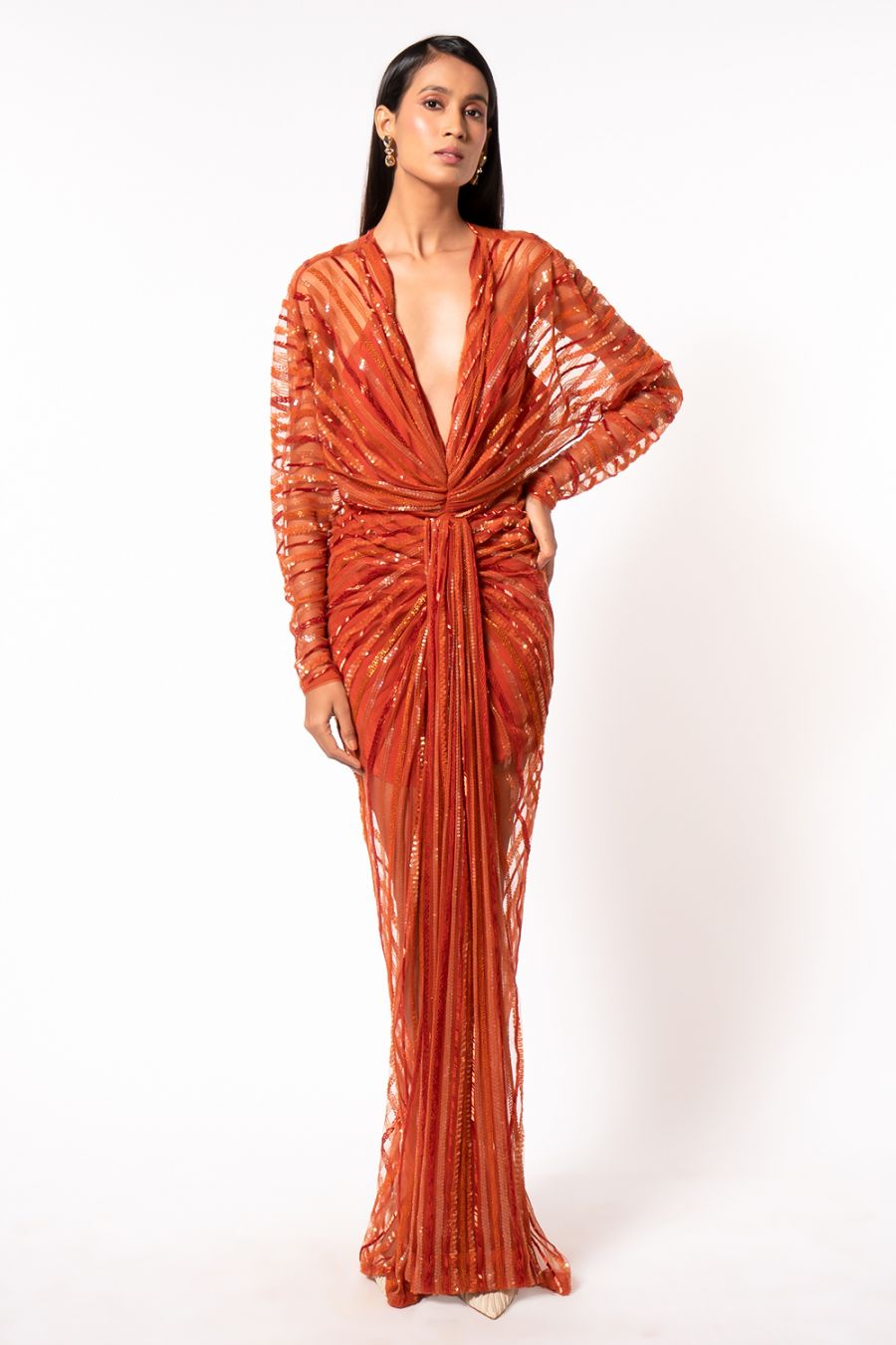 Elegant Tangerine Gown with Hand-Sewn Sequins - Perfect for Evening Parties, Prom Dresses & Special Occasions