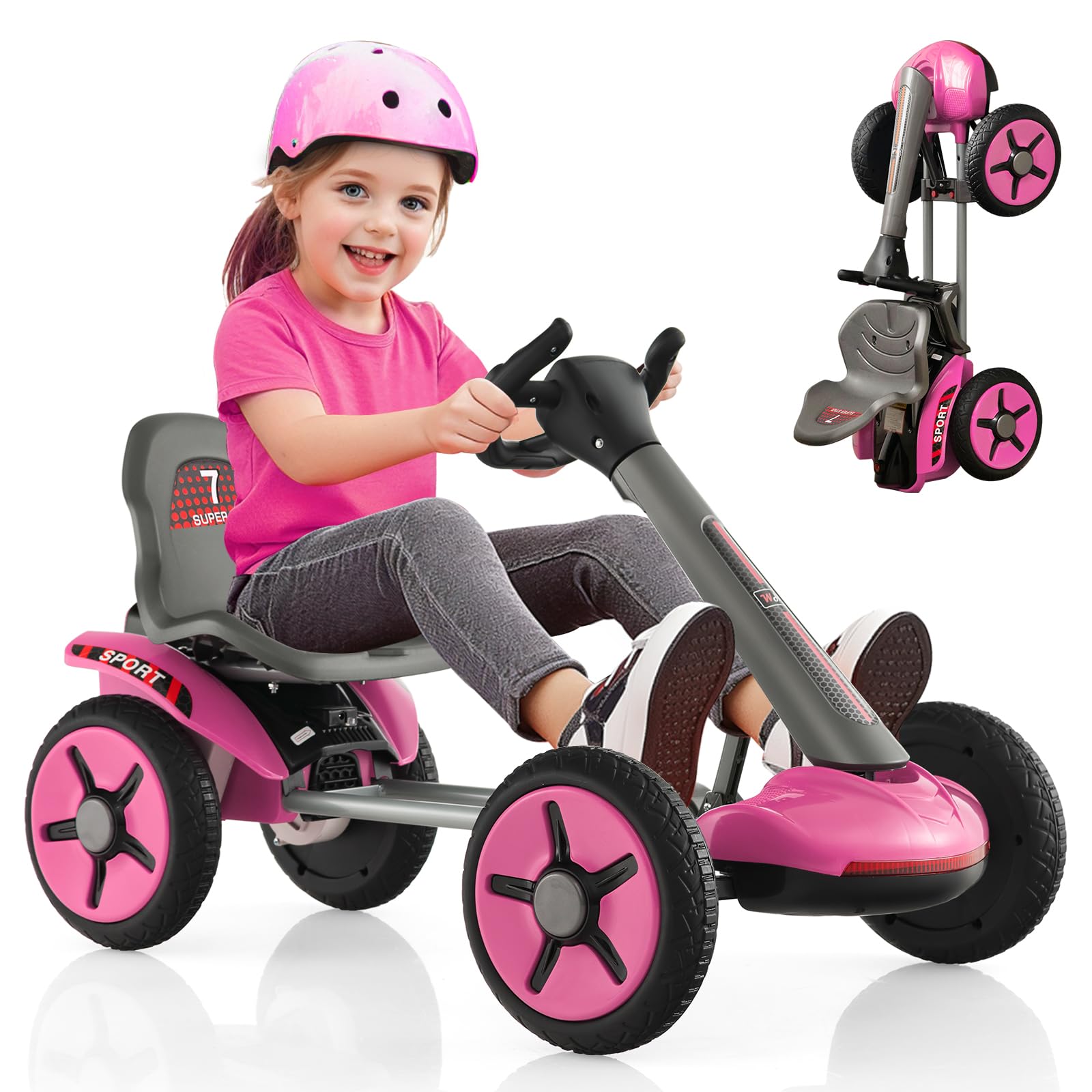 OLAKIDS 12V Electric Go Kart for Kids Ages 2-5 - Adjustable Seat, Steering Wheel & Folding Wheels with LED Lights & Detachable Cup Holder - Pink Ride On Car for Boys & Girls | Perfect for Backyard Play, Birthday Gifts & Outdoor Family Fun