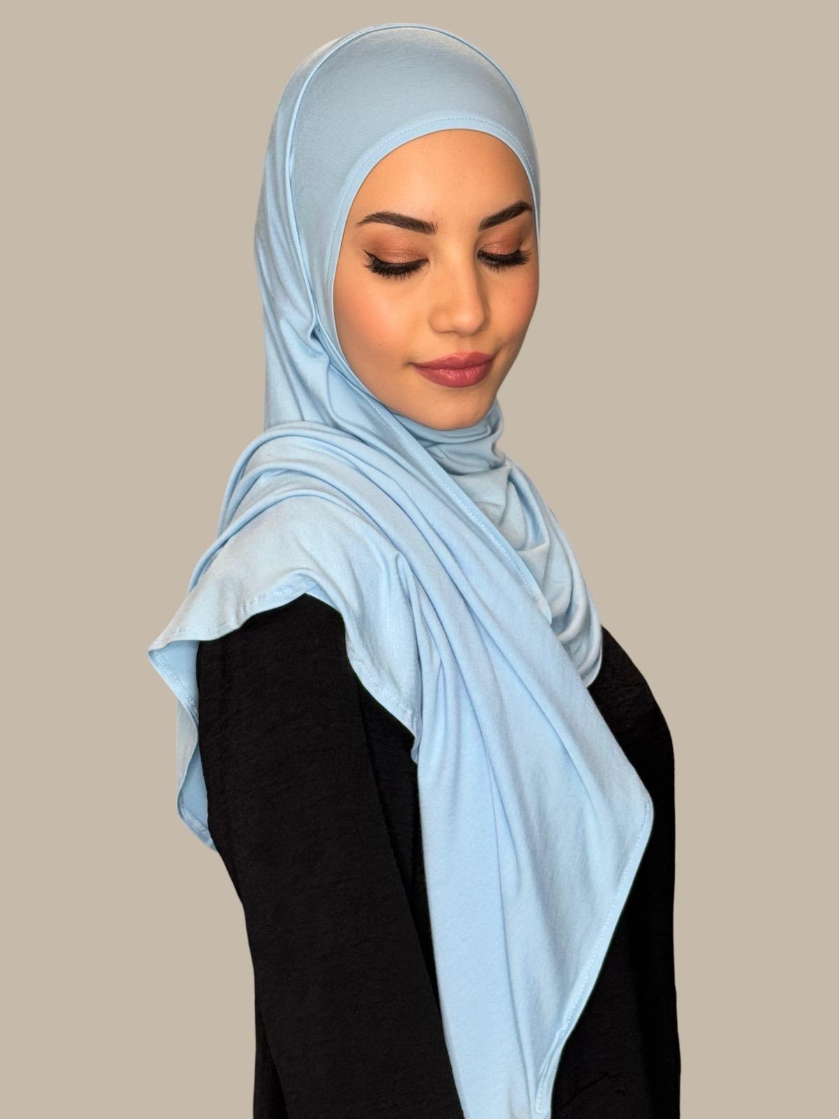 Pre-Sewn Jersey Hijab in Baby Blue - Soft & Comfortable Muslim Headscarf for Women - Perfect for Daily Wear, Prayer, and Special Occasions