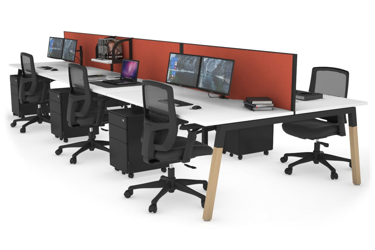 6-Person Quadro A Legs Office Workstation with Wood Legs & Cross Beam - 1600L x 800W with Cable Scallop - Perfect for Open Office Layouts & Collaborative Workspaces
