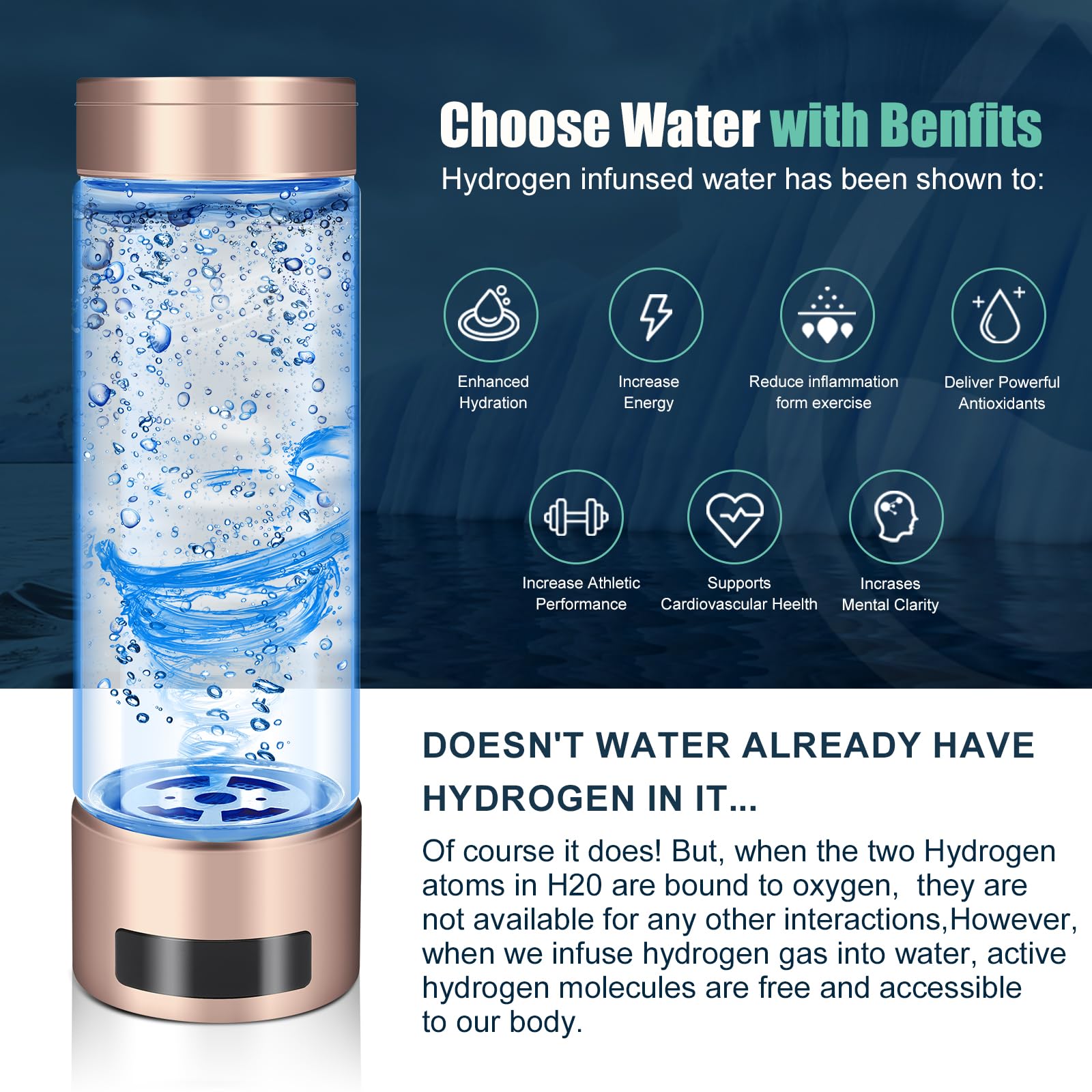 Hydrogen Water Bottle Generator - 2000ppb, Portable, Rechargeable with LED Display for Active Lifestyle
