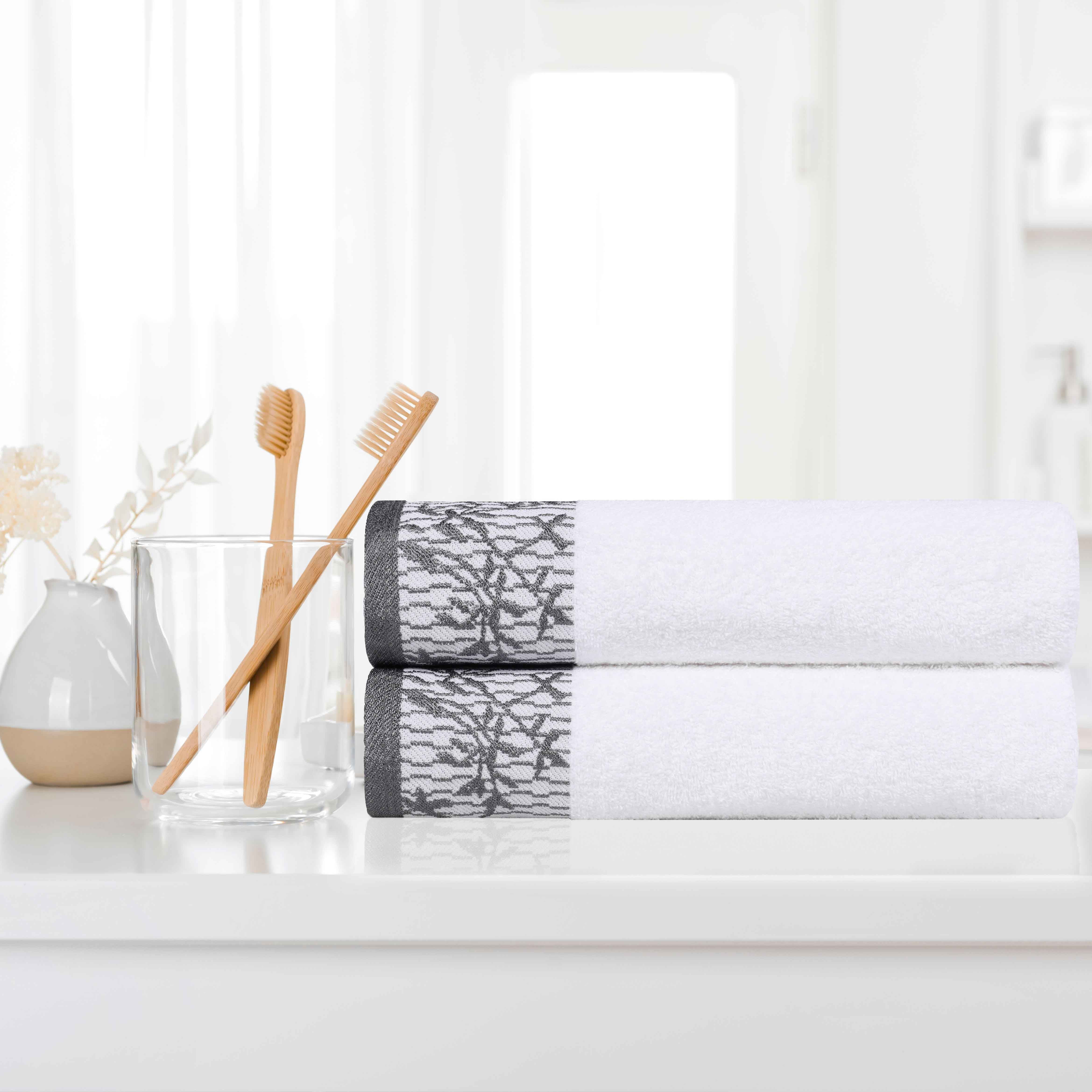 Premium Wisteria Cotton Floral Embroidered Jacquard Border Bath Towel Set of 2 - Soft Absorbent Luxury Towels for Spa, Bathroom & Guest Use