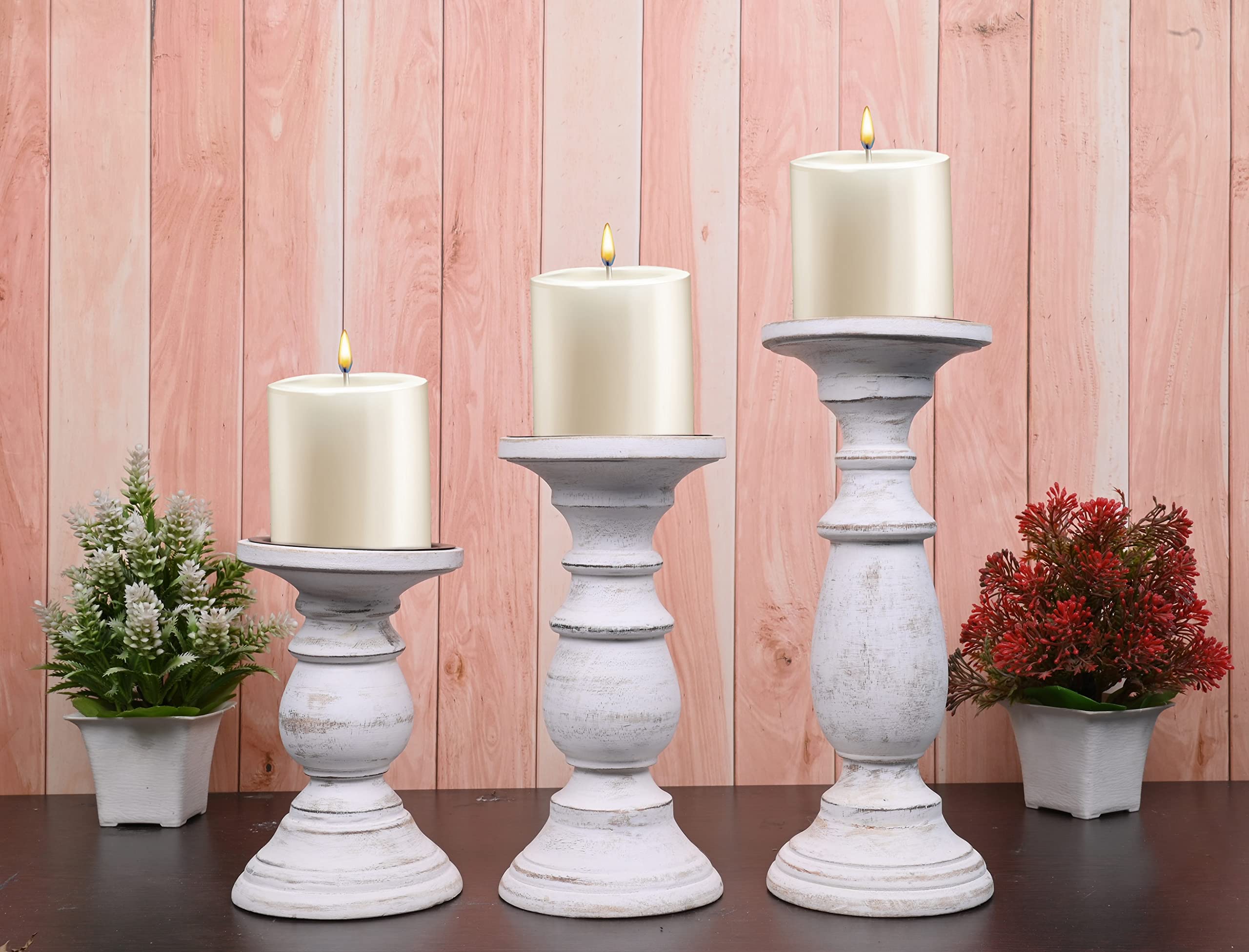 Samhita Set of 3 Hand Carved Wooden Candle Holders - Natural Decorative Home Decor for Living Room, Dining Table, Wedding Centerpiece & Romantic Ambiance