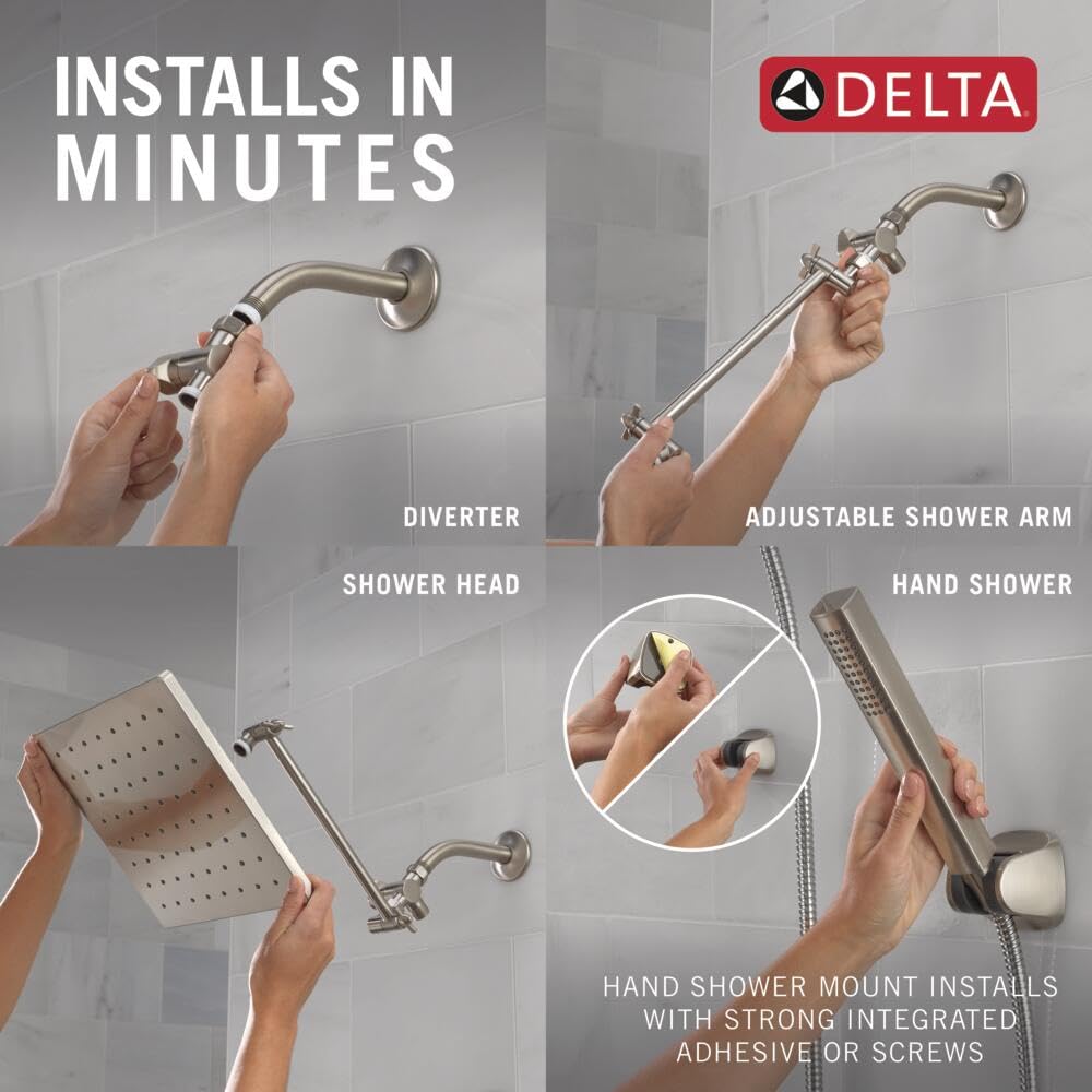 Delta Faucet 10-Inch Raincan Shower Head with Handheld Shower Combo - Brushed Nickel Square Rainfall Shower Head - 1.75 GPM Flow Rate - Spotshield Finish - Perfect for Luxurious Spa-Like Showers and Easy Cleaning (Model 75527-SN)