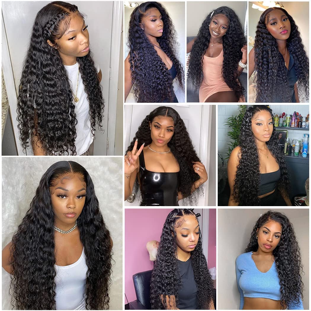 30 Inch Water Wave Lace Front Wigs Human Hair - Pre Plucked 13x4 HD Transparent Lace - 180% Density Deep Curly Glueless Wig for Women - Natural Black Human Hair Wig for Daily Wear, Parties & Cosplay
