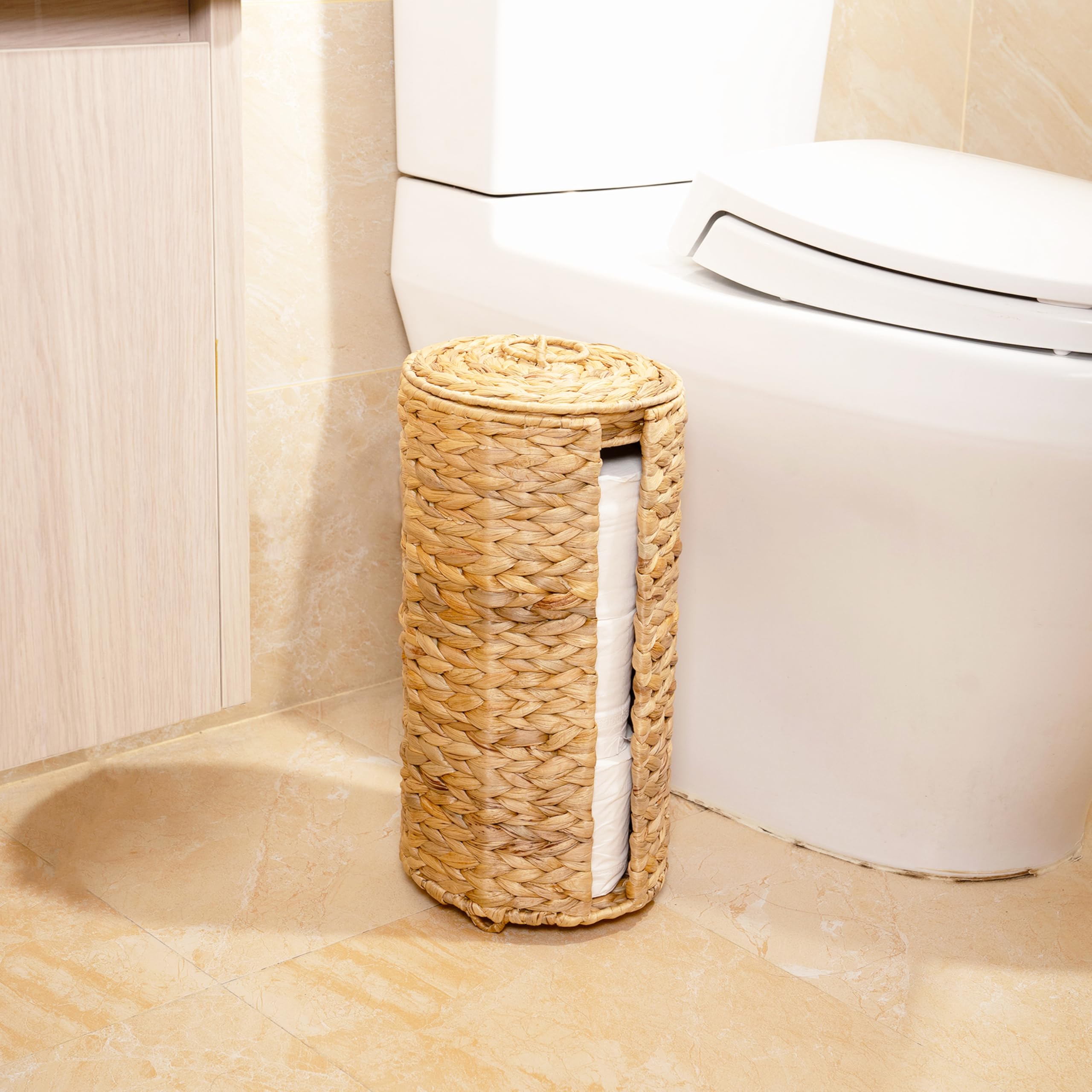 Wicker Toilet Paper Storage Stand with Lid - Rattan Bathroom Organizer for 3 Rolls (5.5