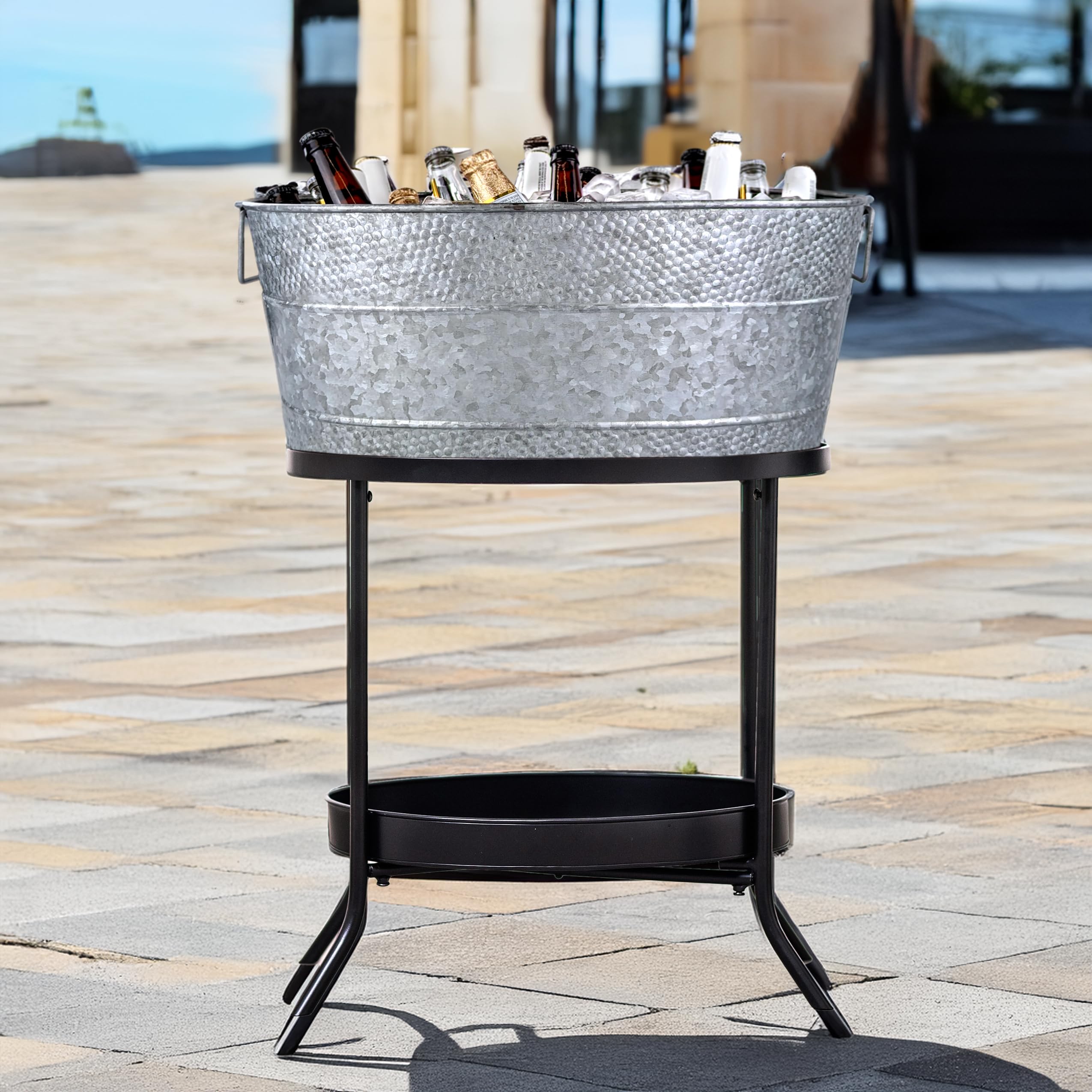 BREKX Aspen 25-Quart Galvanized Beverage Tub with Stand - 6 Gallon Drink Cooler Bucket for Parties, Outdoor Events & BBQs - Leak, Dent & Rust Resistant - Includes Handles & Cooler Stand - Ash Gray