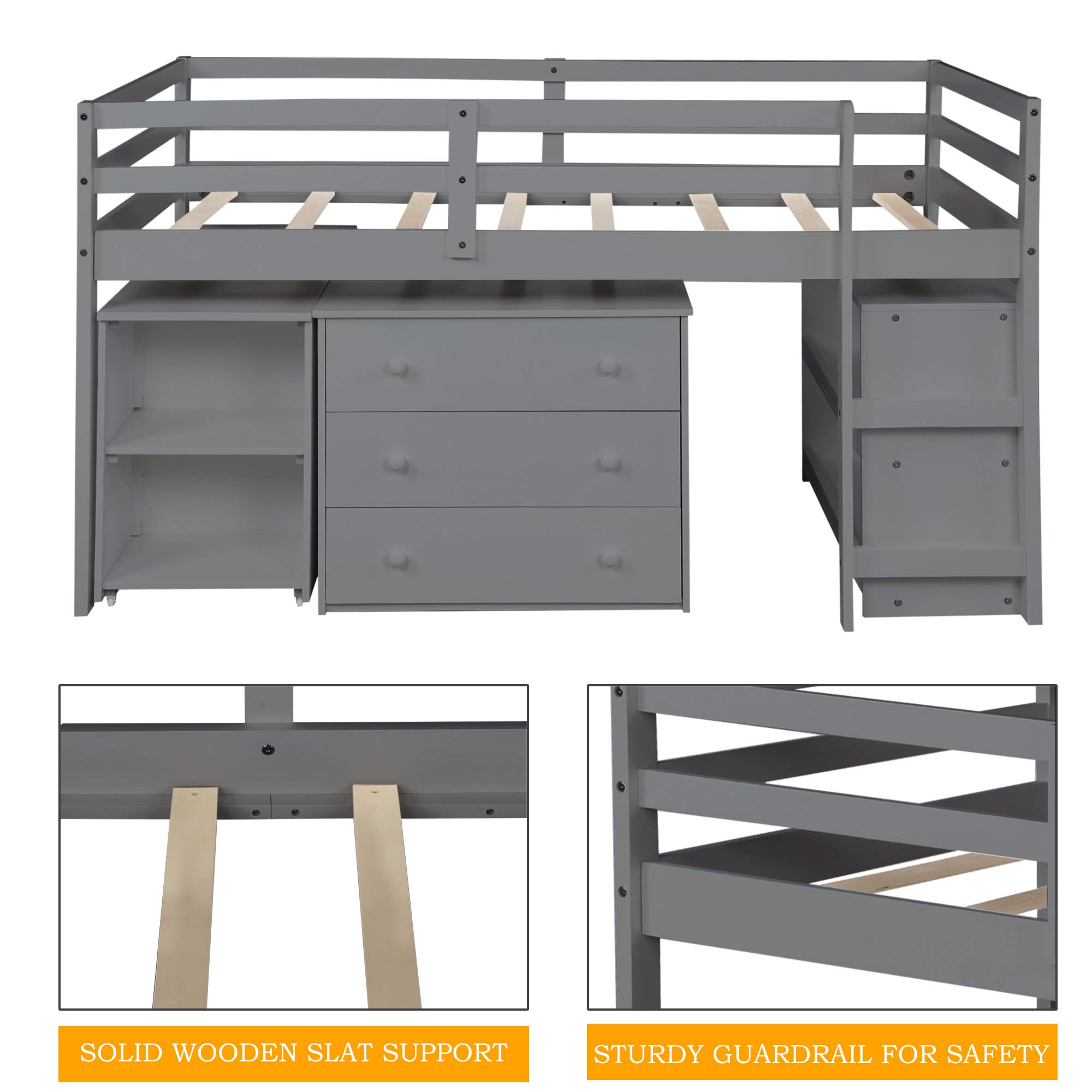 Harper & Bright Designs Twin Loft Bed with Desk & Storage - Space-Saving Study Loft Bed for Kids & Teens - Includes Cabinet & Rolling Portable Desk - Perfect for Small Bedrooms, Dorms & Apartments (Twin Size, Gray)
