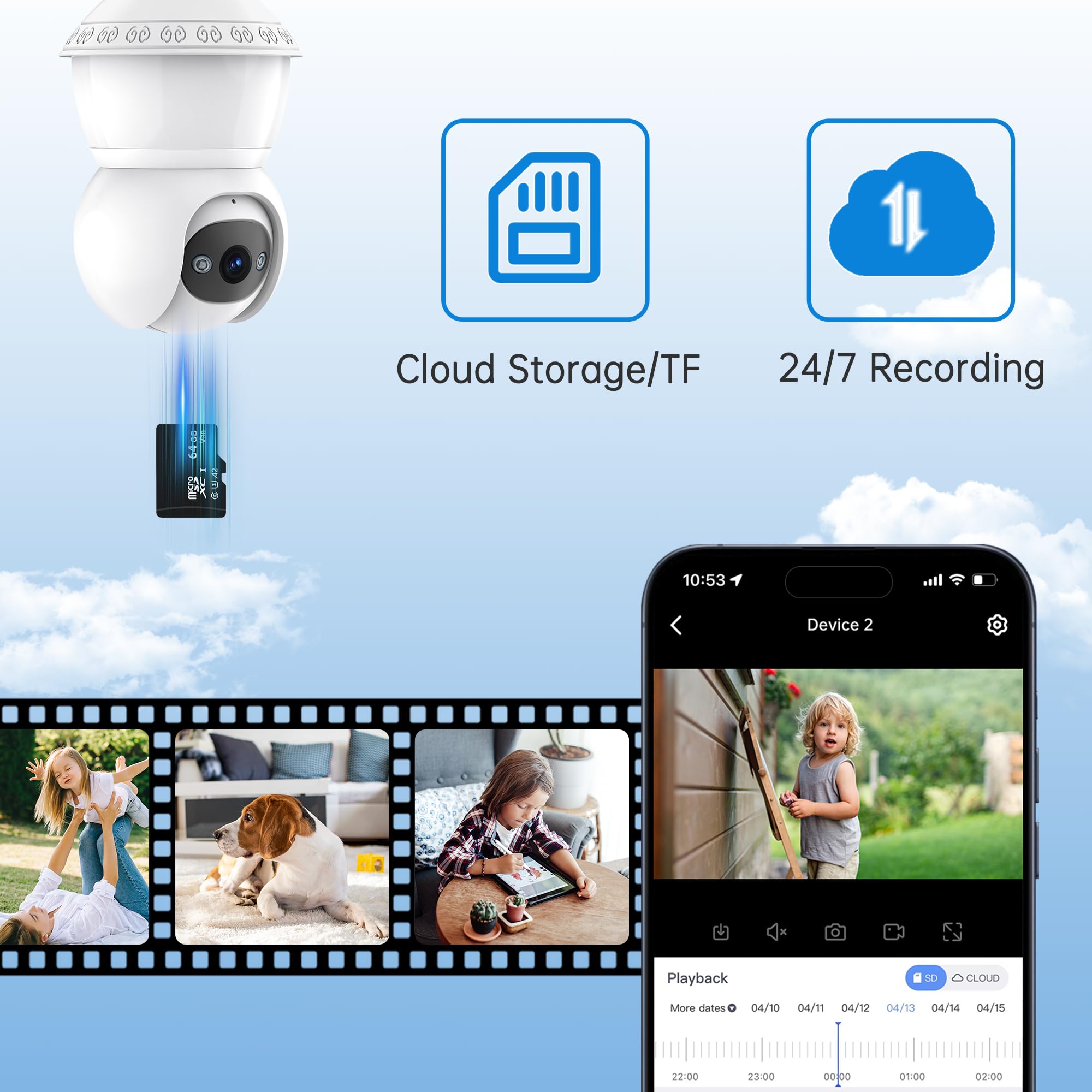 5G & 2.4G WiFi Wireless Outdoor Light Bulb Security Camera - 3MP HD 360° PTZ Smart Bulb Camera with AI Human Detection, Night Vision, 2-Way Audio & Cloud Storage - Perfect for Home Security, Garage Monitoring & Backyard Surveillance