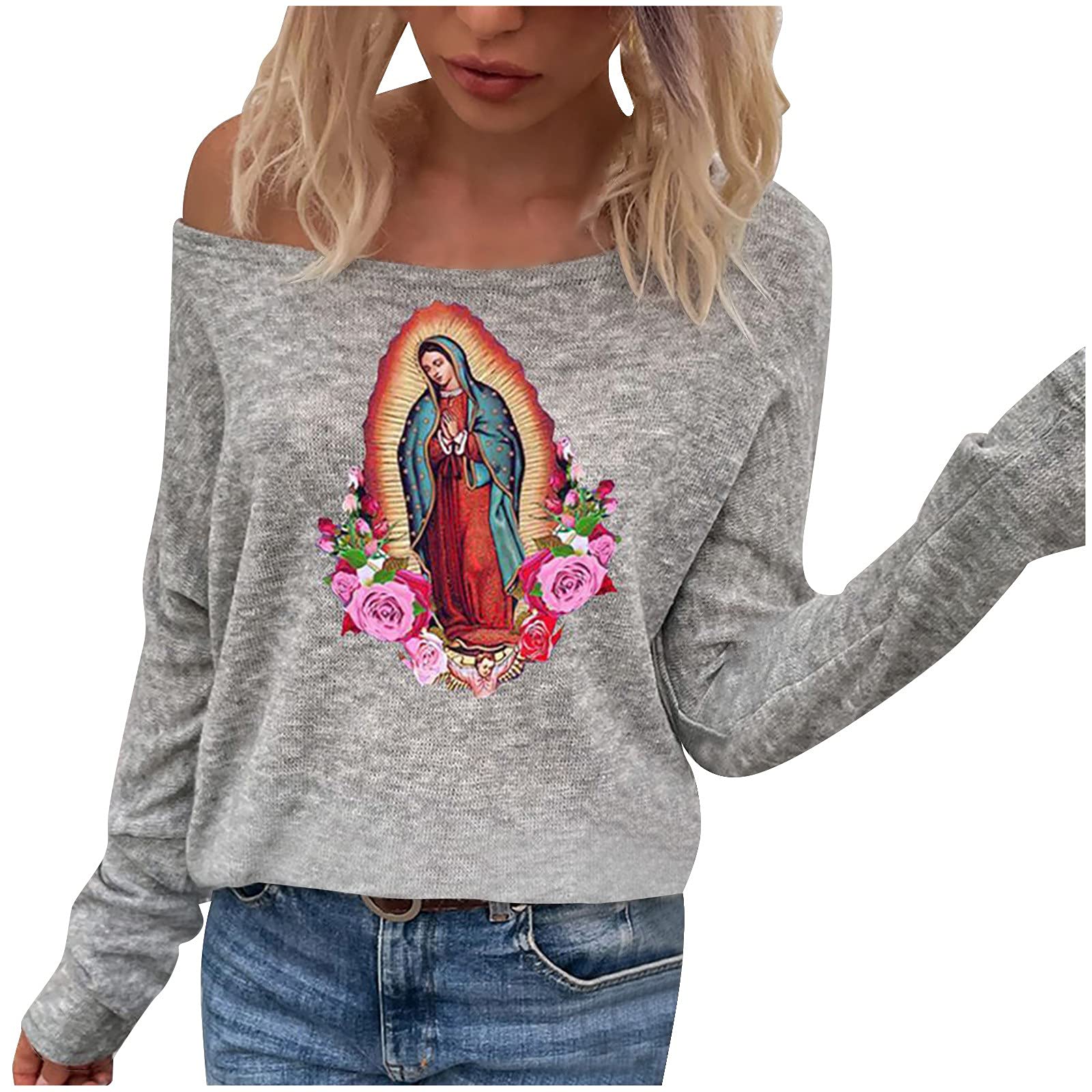 Vintage Our Lady of Guadalupe Virgin Mary Inspirational Knit Jumper - Women's Off Shoulder Graphic Sweater for Fall Fashion, Church Outfits & Holiday Gifts