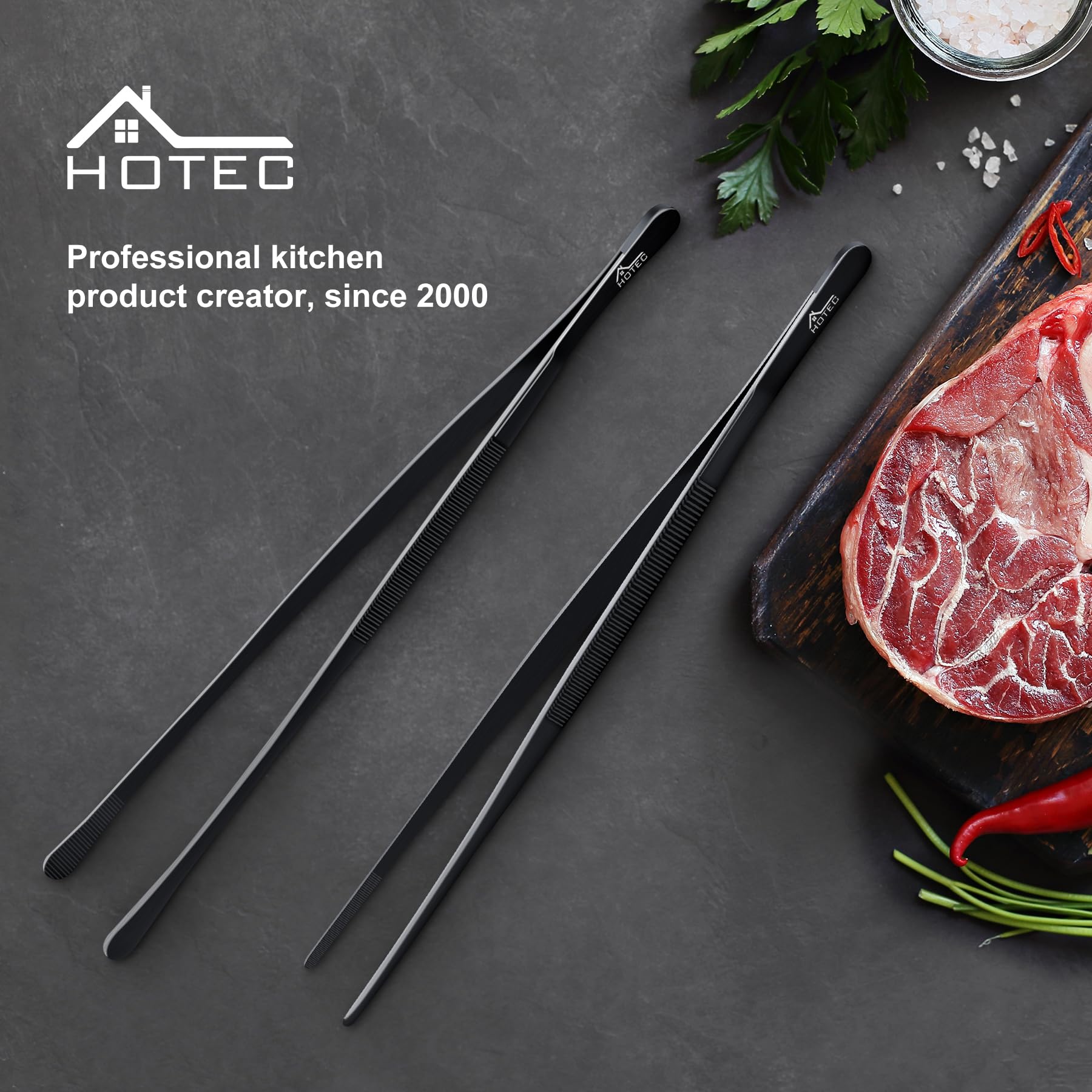 Hotec 12-Inch Extra-Long Stainless Steel Kitchen Tweezers - Set of 2 Black Cooking Tongs for Precision Grilling, Plating, and Serving - Perfect for Chefs, BBQ, and Fine Dining Presentation