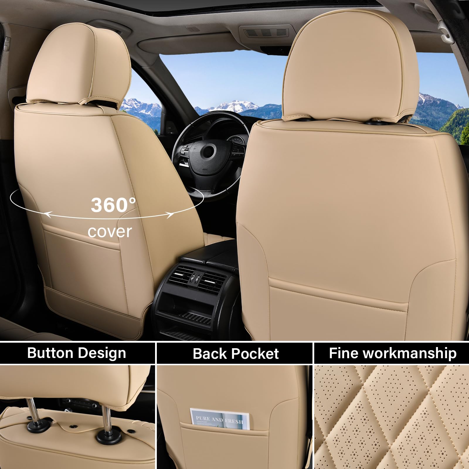 Coverado Universal Car Seat Covers Full Set - 5-Piece Luxury Faux Leather Waterproof Seat Protectors for Front & Back Seats | Fits Most Vehicles | Beige | Perfect for Family Cars, Road Trips & Pet Protection