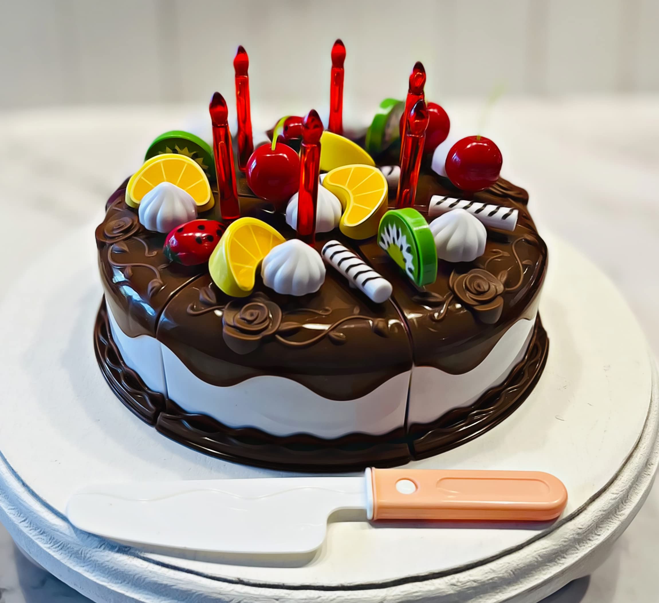 Fake Birthday Cake Decor - Realistic Chocolate Fruit & Candles Cake for Party Table Centerpiece | Wedding, Baby Shower & Birthday Party Decoration