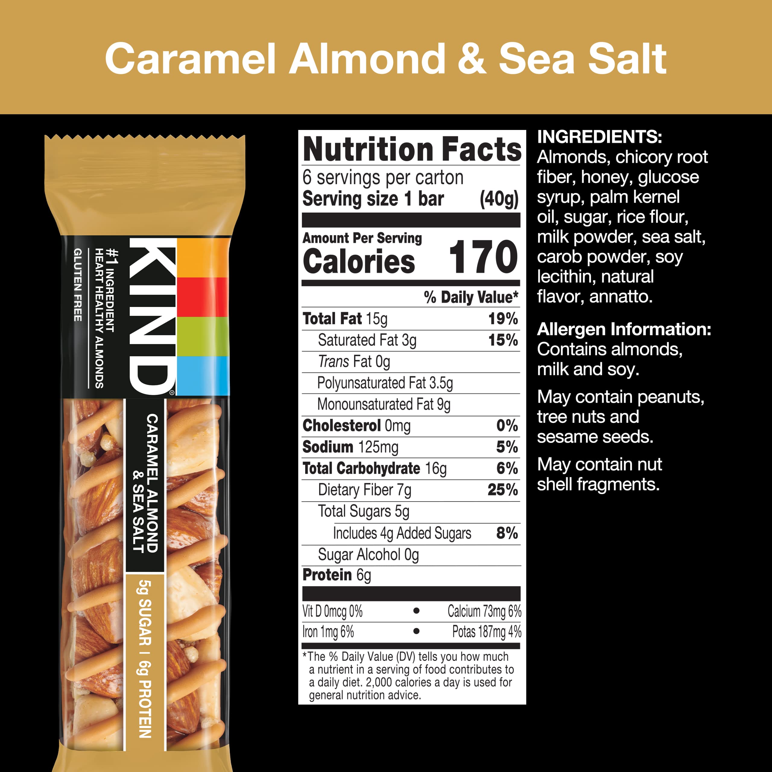 KIND Bars, Caramel Almond & Sea Salt - Healthy Gluten Free Snacks with 6g Protein, Low Sugar, 24 Count - Perfect for On-the-Go Breakfast, Office Snacks & Post-Workout Energy Boost