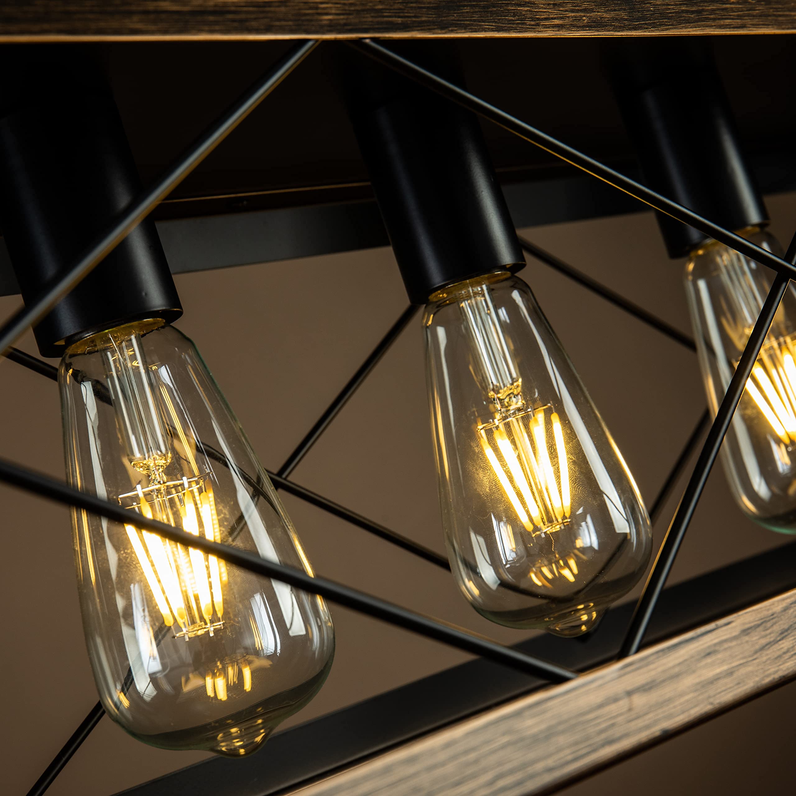Modern Farmhouse 5-Light Rectangular Chandelier - Rustic Solid Wood Dining Room Pendant Light - Matte Black Industrial Geometric Kitchen Island Lighting - Perfect for Farmhouse, Dining Table, and Kitchen Decor