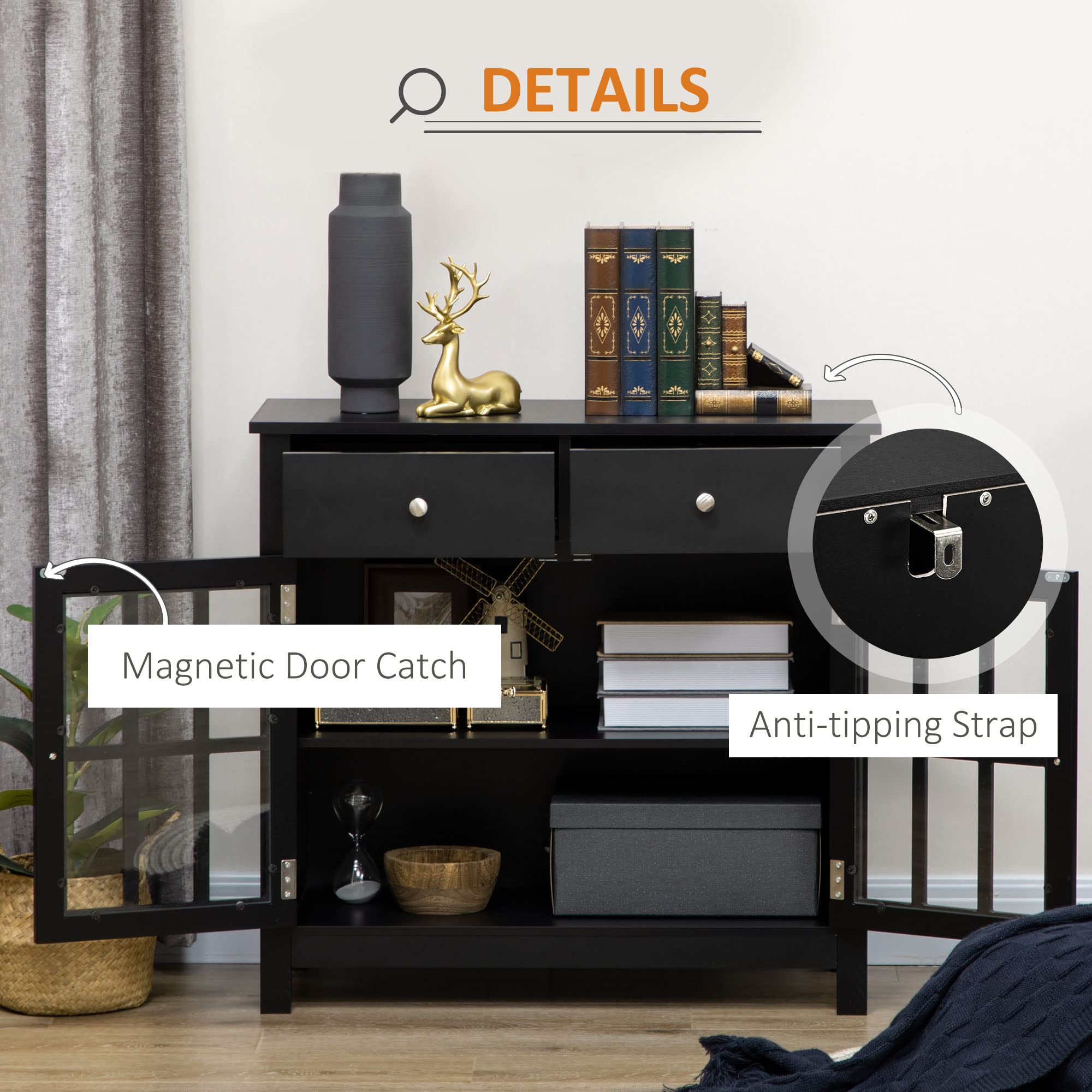 HOMCOM Sideboard Buffet Cabinet with Glass Doors - Adjustable Shelf & 2 Drawers - Modern Accent Kitchen Storage Cabinet in Black - Perfect for Dining Room, Kitchen Organization & Home Decor