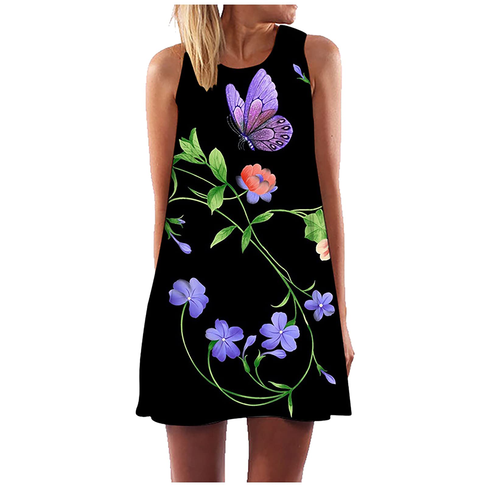 Elegant Floral Midi Dress for Women - Casual Sleeveless Round Neck Loose Cotton Dress - Perfect for Wedding Guest, Garden Party & Summer Outings