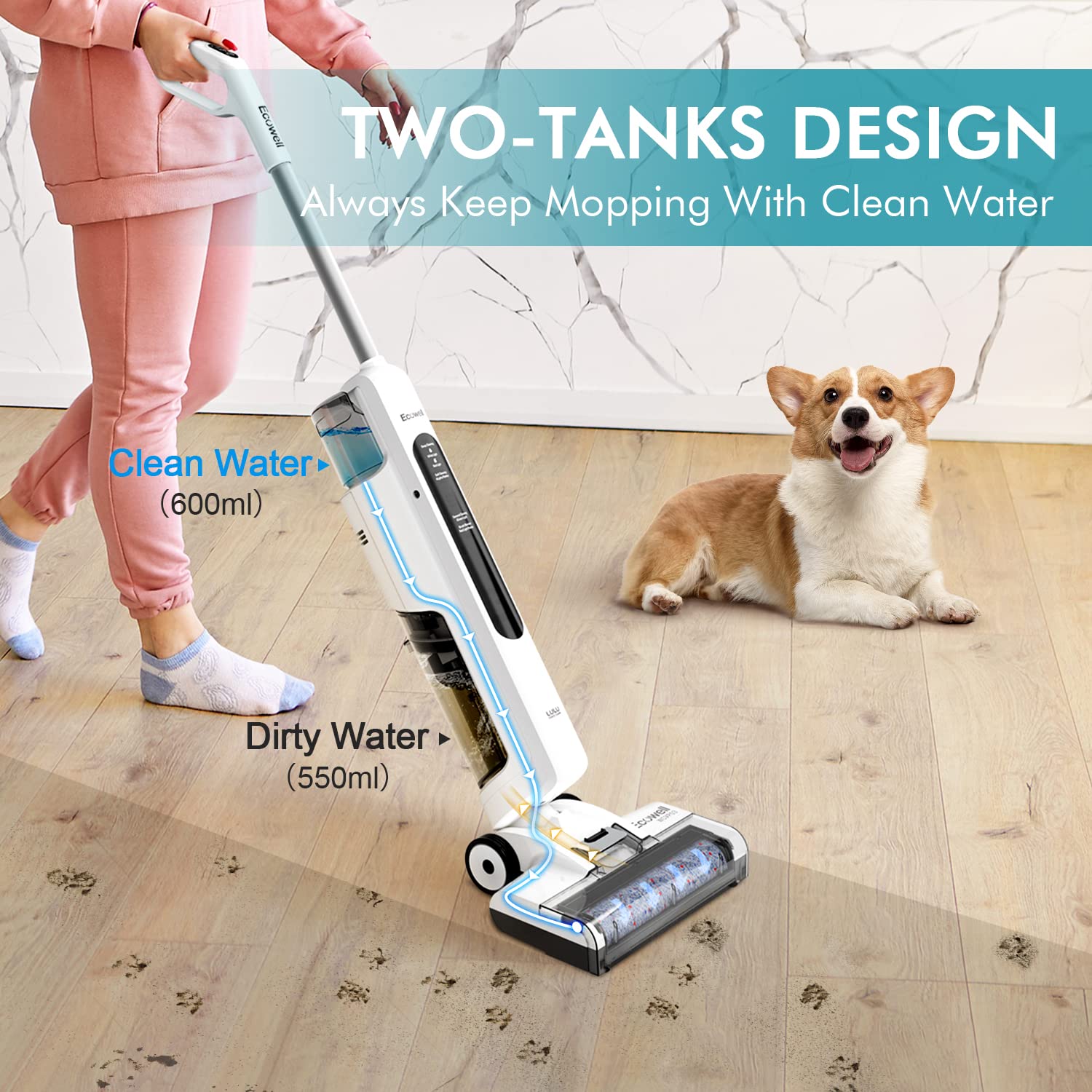 Ecowell Cordless Wet Dry Vacuum Cleaner and Mop - Self-Cleaning 2-in-1 for Hard Floors & Area Rugs | Lightweight 8.2lbs | Perfect for Pet Hair, Spills & Daily Home Cleaning