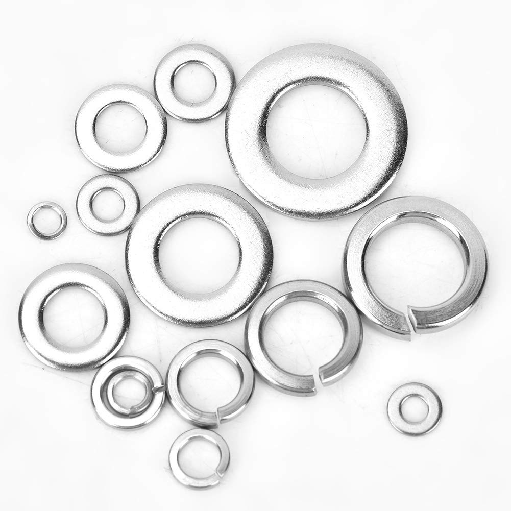 7 Sizes Flat & Spring Washer Set - Stainless Steel Fasteners for Industrial, Home, Automotive & Construction Use - Perfect for Machinery Assembly, Plumbing Fixtures and DIY Projects