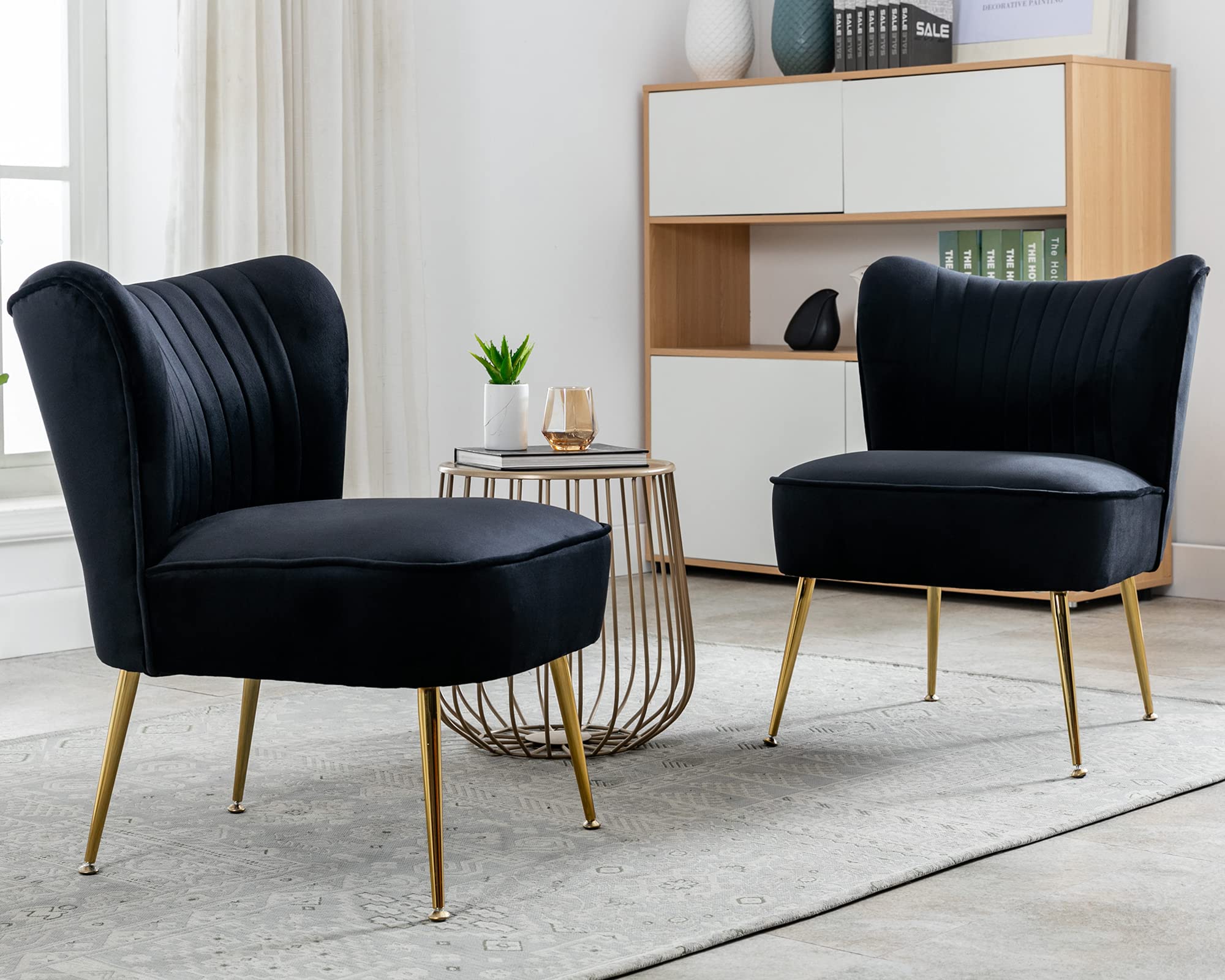 Janoray Velvet Accent Chair Set of 2 - Mid Century Modern Armless Slipper Chairs with Golden Legs, Soft Velvet Upholstery for Living Room, Bedroom & Guest Room - Elegant Wingback Design for Home Decor