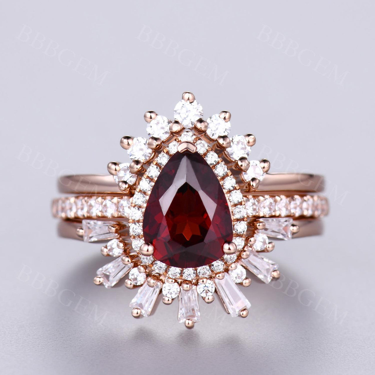 3Pcs Pear Garnet Vintage Engagement Ring Wedding Set - 1.2 Carat Diamond Band for Women, Bridal Jewelry, Anniversary Gift, Proposal & Special Occasions