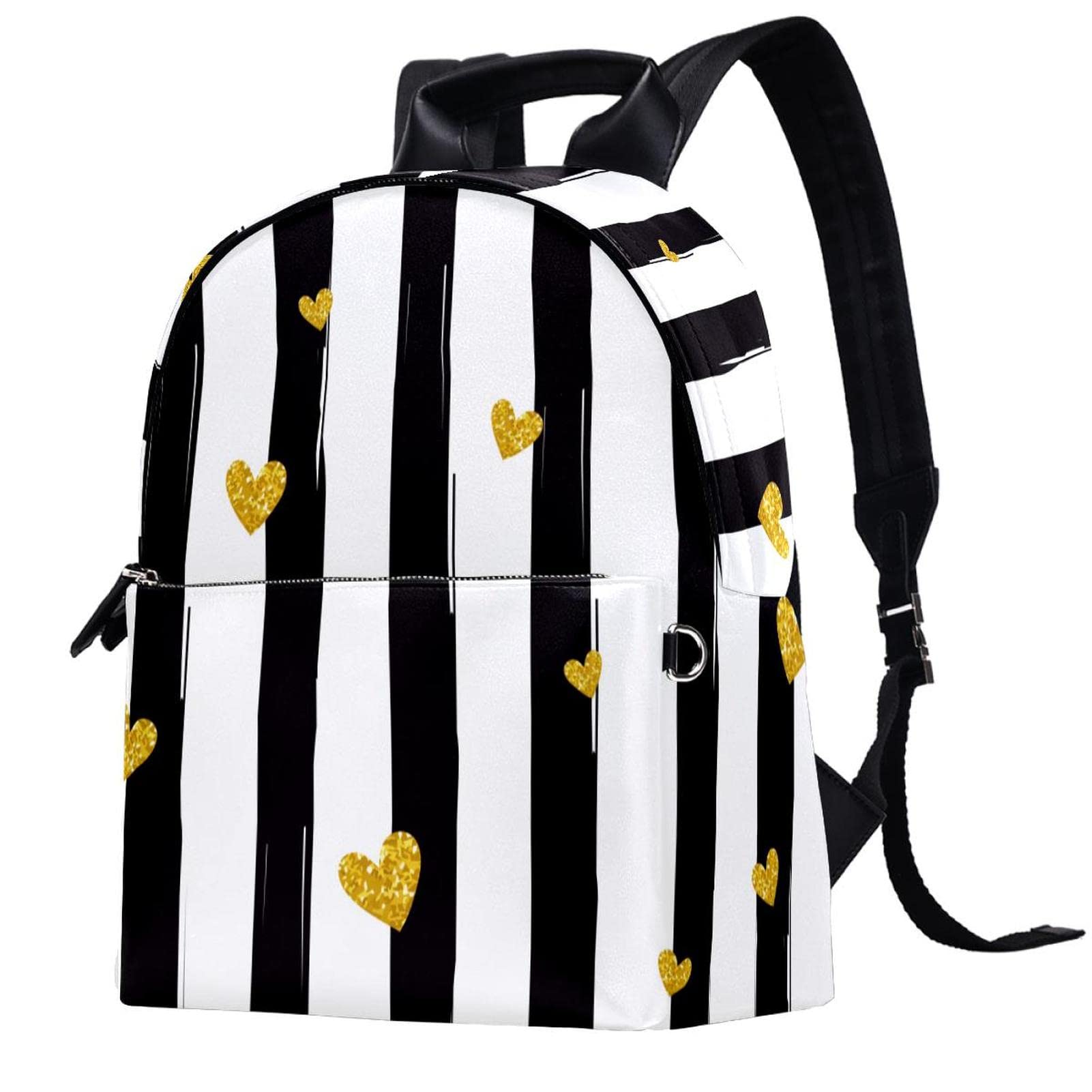 Vintage PU Leather Backpack for Women - 14.5 Inch Gold Hearts on Black Stripe College Bookbag, School Bag, Laptop Bag | Perfect for Campus, Travel & Everyday Use
